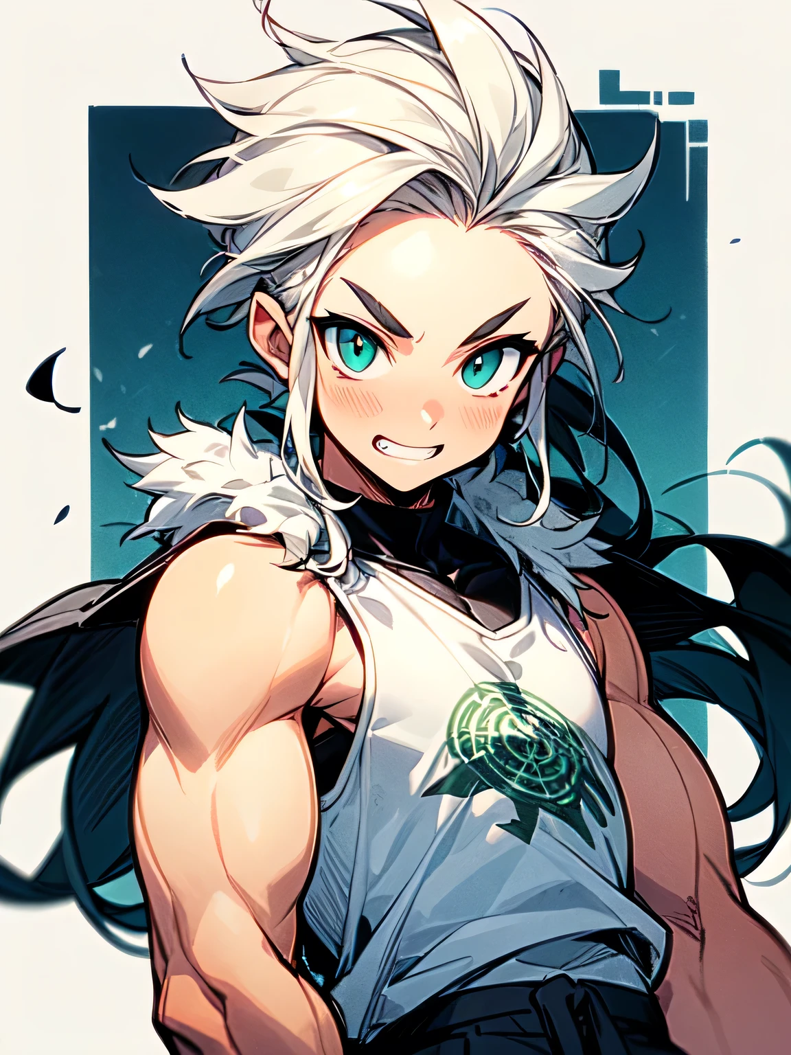 a girl, Saiyan, spiky white hair, green eyes, ripped muscles, thin waist, wide hips, Dragon Ball Z universe, dark skin color, medium breasts, tight-fitting clothes, white shirt,