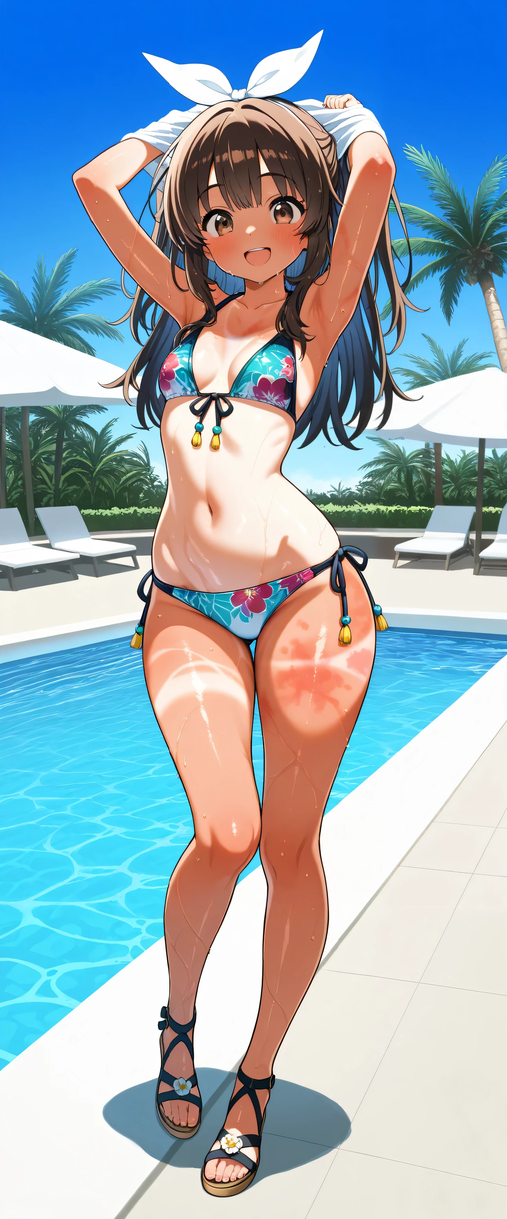 (Masterpiece),  top quality, , Perfect face, 1 girl,dawn,, small breasts, wide hips,  thin waist, (), Multi Colored Bikinis , sexy bikini , With ribbon,Patterned Swimsuit , salon, Heeled Sandals,  good_feet, blanking,smile,Swimsuit model, standing, feetを開いて, wet, wet body, was excited,I'm posing for the camera, beach resort , pool party , poolside, coming out of the pool , palm trees, cowboy shooting, sunburn marks