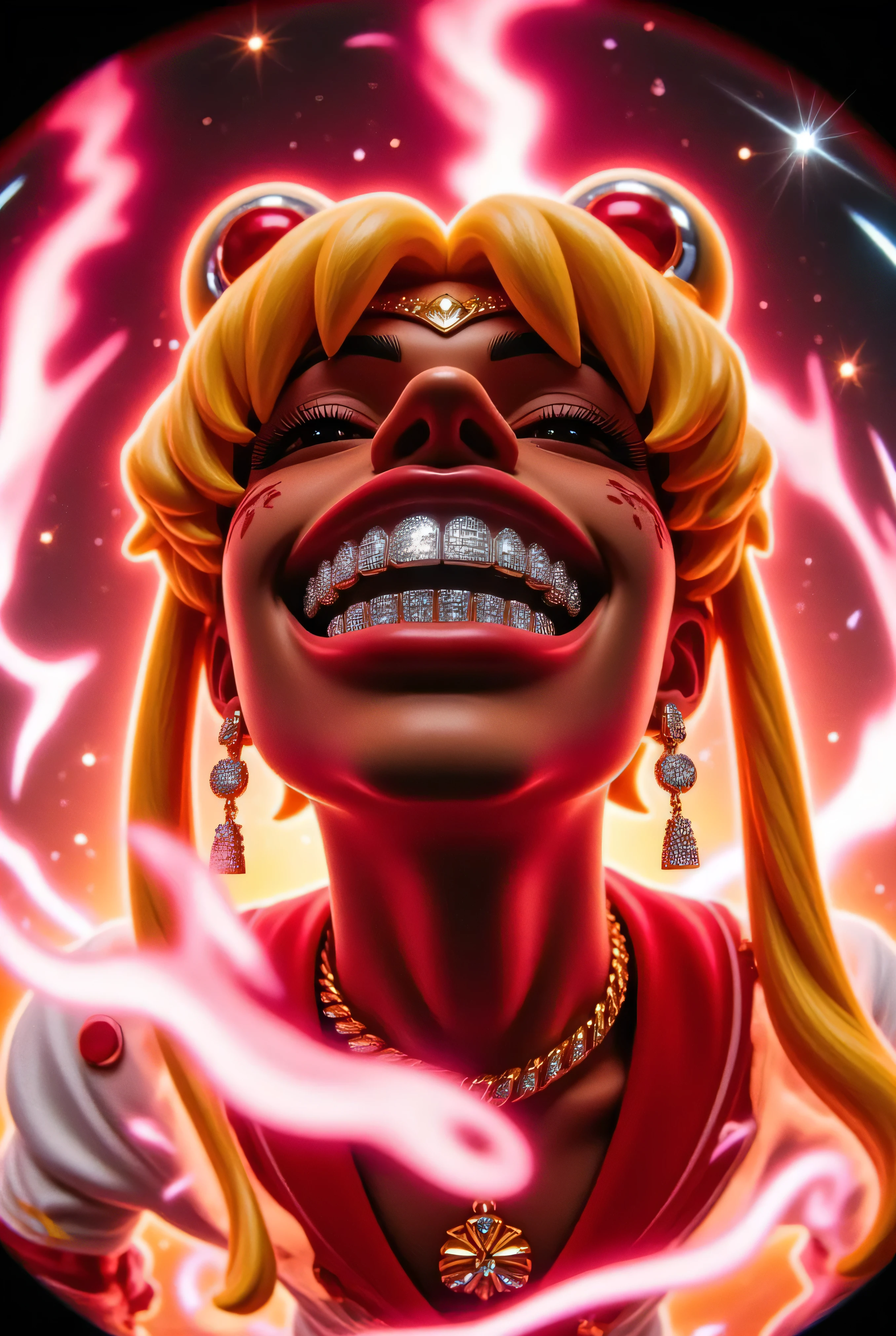 gr!llz, in the style of Jed-clrfl , 3DMM, Ebony character enveloped as Sailor moon in intense thick colored energy. Their face is obscured by the overwhelming thick glow::7.2 , large anime energy aura size 6 inches from body emphasizing the sheer power they are unleashing::6.4 .smiling into the camera, fish eye lens realistic photograph with a wide smile, its teeth are encrusted with shiny platinum diamonds. 
