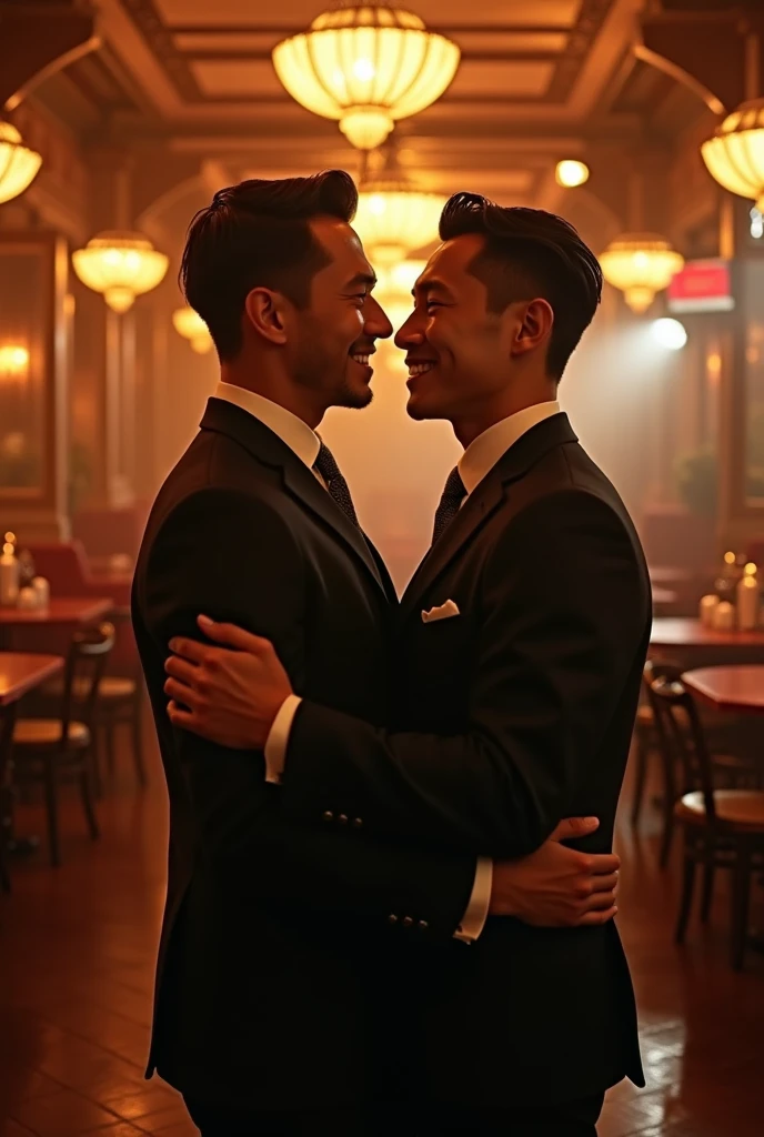 masterpiece, Best Quality, two men, handsome athletic well-dressed 30 year old japanese mafia gangster Man hugging a muscular 30 year old muscular taiwanese hawker man, directly staring at each other romantically, hands stroking face, gentle smile, soft hair, exposed chest, full body, telephoto, super sharp focus, photorealistic, perfect hands, perfect fingers, perfect face, perfection, creative artistic framing, creative artistic angle, hongkong in the 70s setting, cinematic lighting, sexy, gay, homoerotic, scene evokes beautiful emotions of immense love and nostalgia, nostalgic, vintage photography, intricate details, highly detailed, rule of thirds, golden ratio, fill frame