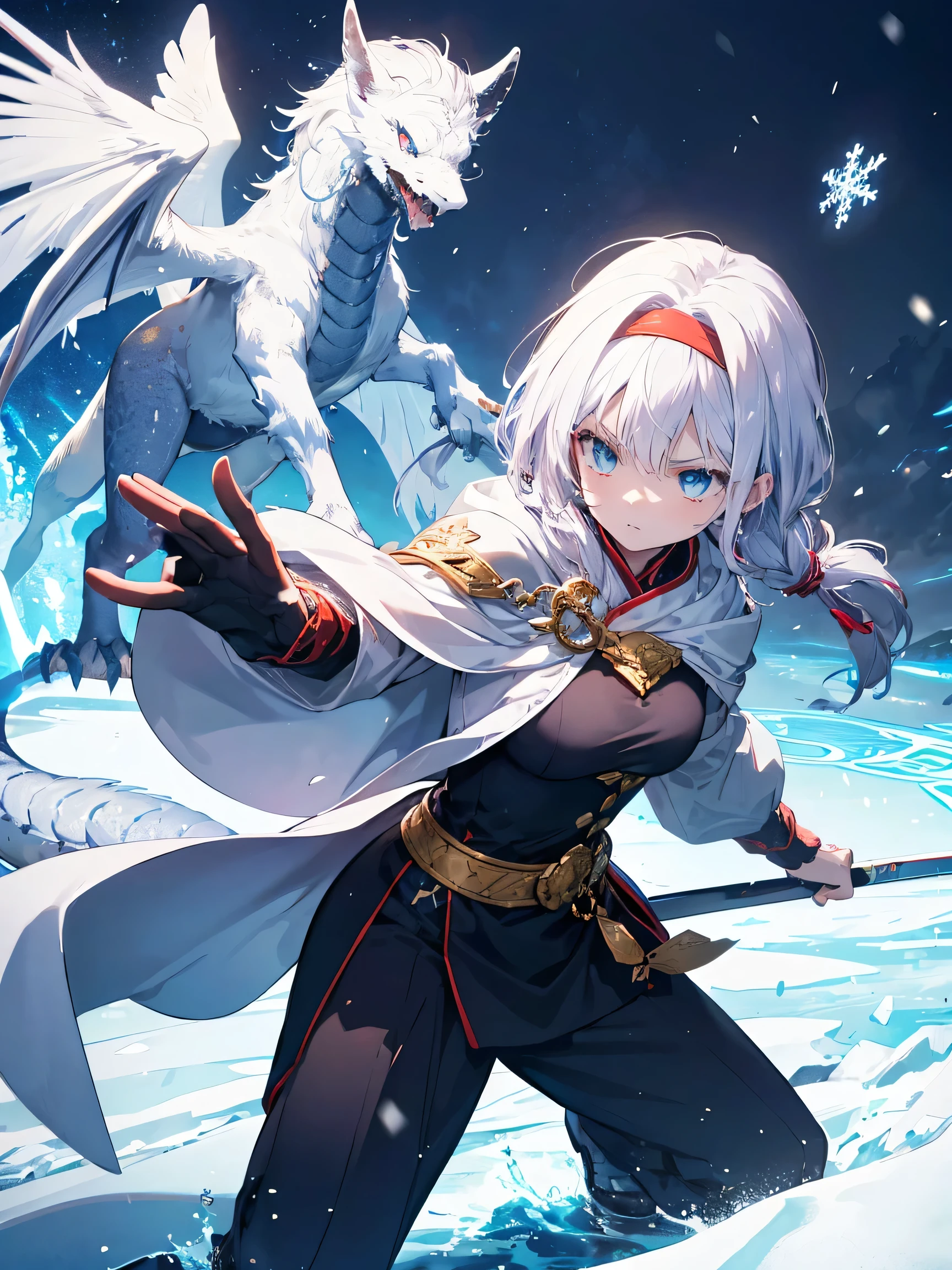 asian mythology, long flowing white hair, blue eyed tinged with a shade of lavender, golden ornaments, gold headband, blue cloak, ice dragon, graceful, action, impact frame, majestic, blizzard, magic, magic circles, snowflakes, wind, snow, warrior princess, fighting monsters, anime fight, manga fight, power up, monster slayer, serious fighting stance, masterpiece, highdef, 4k