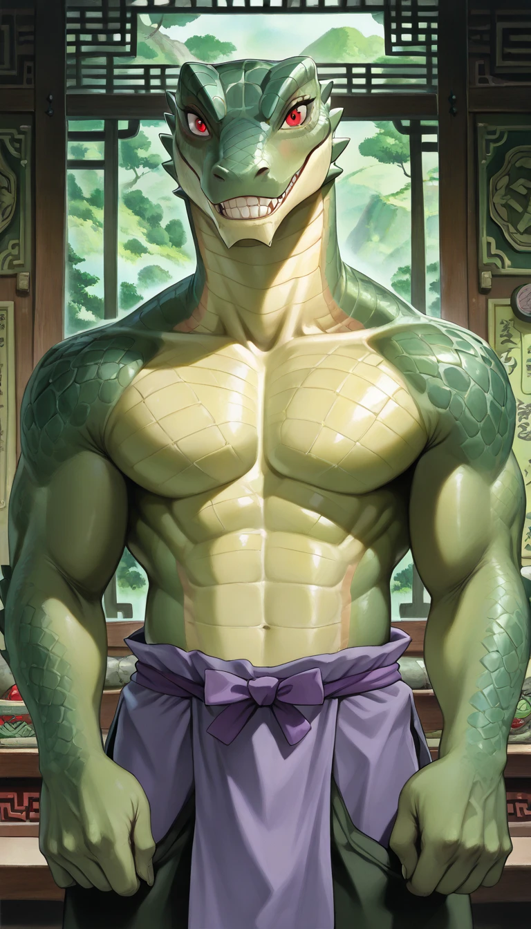 ((By Buta99, by Bebebebebe, best quality, masterpiece, perfect anatomy)), solo, 1male, Muscular body, adult, Alligator, light green scale, tail, dark green eyes, slit pupils, biceps tribal tattoo, loincloth, in the forest 