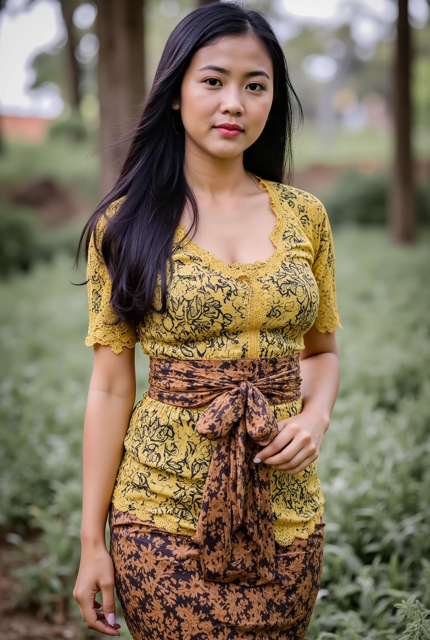 Indonesian girl feeling horny, body photo, brown skin, tanned skin, sexy kebaya, long skirt, slim body, ((Madura batik: 1.4)) (BIG BREAST : 1.8), ((naughty pose)), very long black hair, ((tight dress)), sexy body