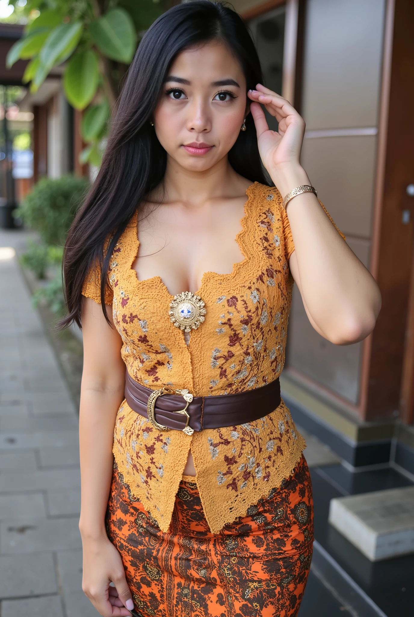 Indonesian girl feeling horny, body photo, brown skin, tanned skin, sexy kebaya, long skirt, slim body, ((Madura batik: 1.4)) (BIG BREAST : 1.8), ((naughty pose)), very long black hair, ((tight dress)), sexy body