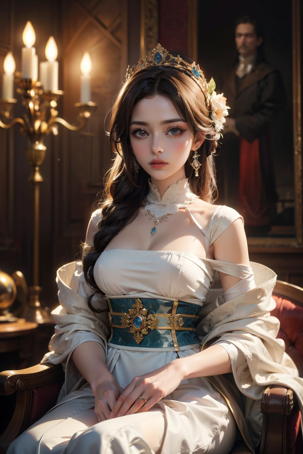 Interior of a luxurious castle with a beautiful medieval aristocrat , Yeonmujang, Elegant Posture , Luxurious dress, exquisite hairstyle , jewelry , sad eyes, background