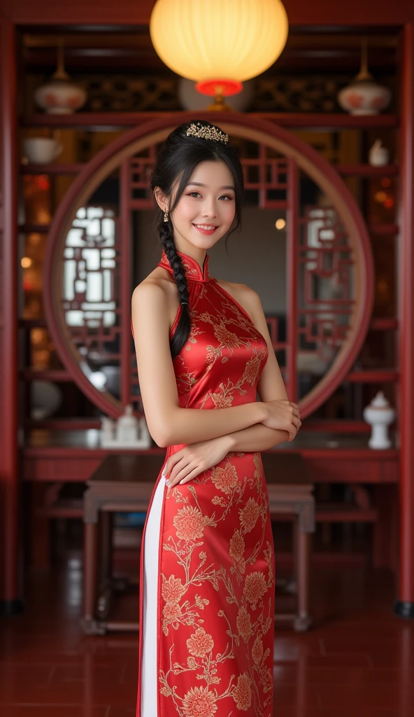 (highest quality、8K、masterpiece、nffsw:1.2)、19-year-old slender beauty,Flashy makeup with red eyeshadow,mouth wide open、Yo-ho、double eyelid,delicate mid-cut ponytail,squatting down、spread legs, show white panties,Her white panties are clearly visible、sexy cheongsam and silk miniskirt,best smile,She is wearing a sexy short colorful cheongsam。。,Chinese dress with deep slit,draw hands correctly,The background is the bright interior of a Chinese restaurant...,