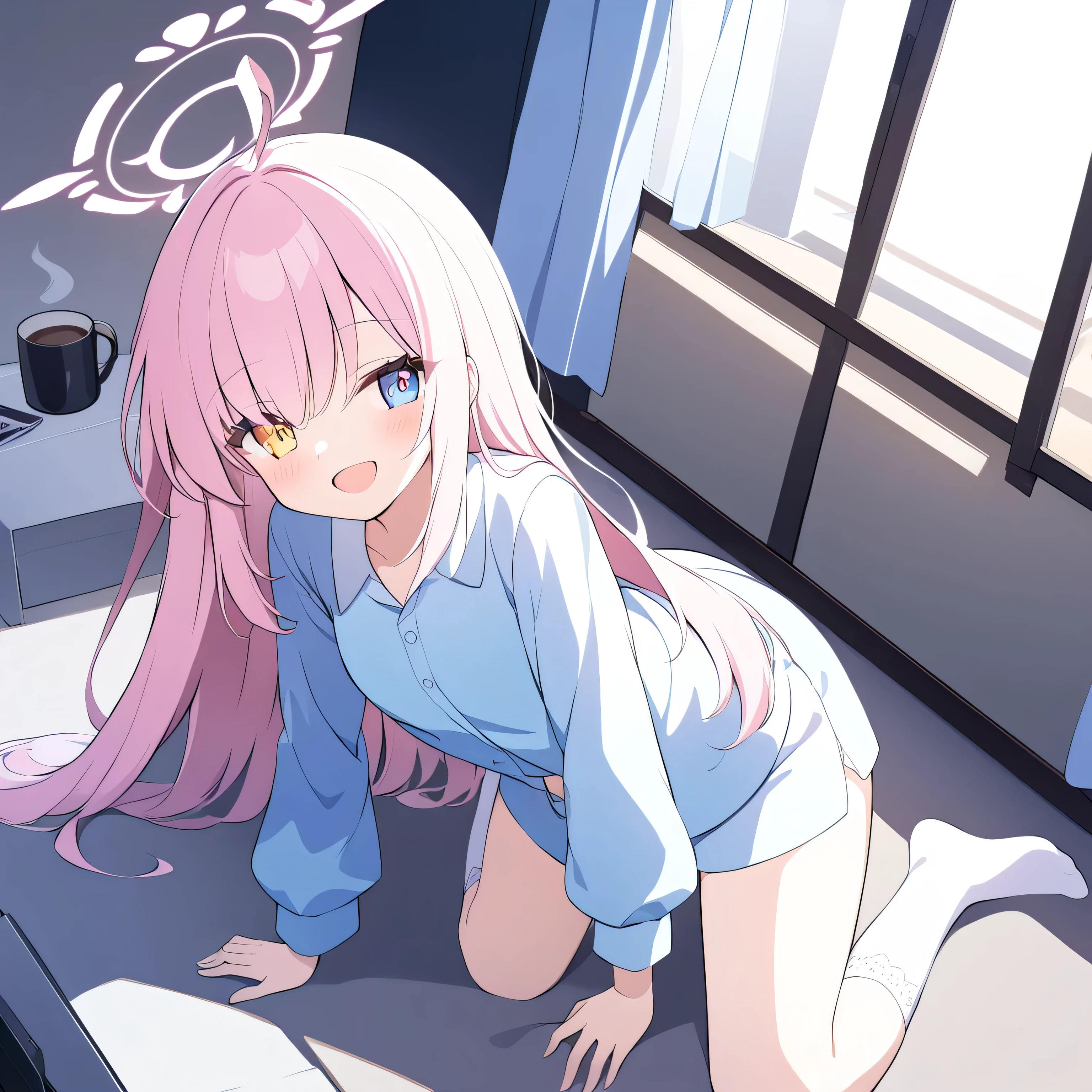 Only one girl ，Pink Hair,   long hair,  （ different colored eyes :1.5), (  medium chest :1.2)，Golden right eye，blue left eye
white socks，stocking，Long socks ，Show your knees， White Panties，underwear，belly button，The skin on the legs reveals ，Those who only wear pajamas，rest，  Seto Fuku,Low-cut，While looking at the audience,lie， lie着，living room，sofa，television，coffee table，table，lie在sofa上，Halo on the head，Smile，Laughing brightly， opens her mouth ，
 ( masterpiece:1.2),   of the best quality  ,    high resolution  ,   unity 8k wallpaper , (illustration:0.8), ( beautiful and detailed eyes :1.6),   are extremely detailed ,   perfect lighting  ,   extremely detailed CG  , (perfect hands),