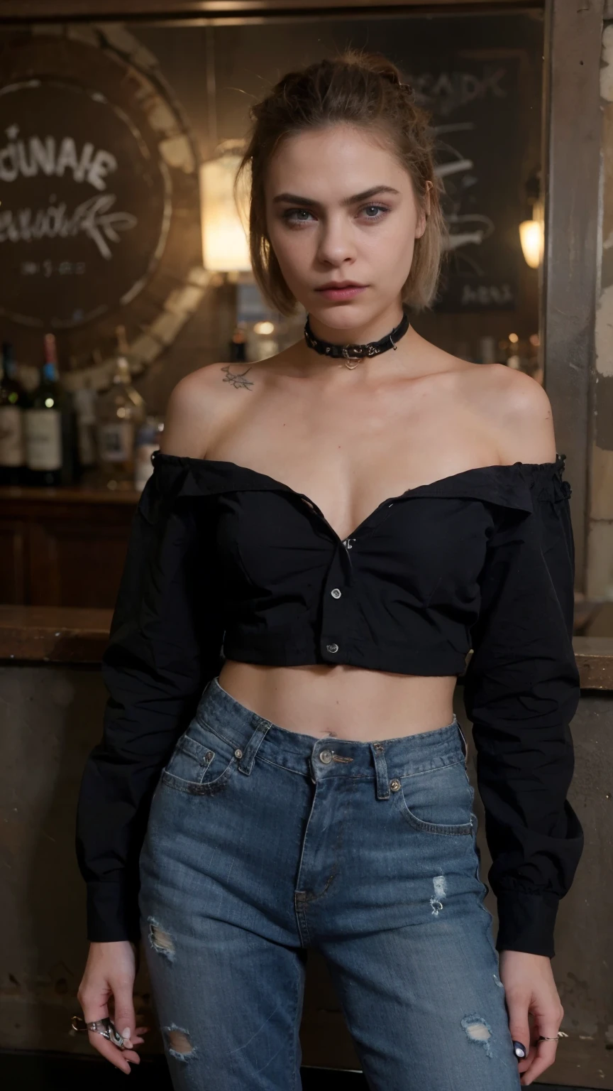 masterpiece, best quality, extremely detailed, hyperrealistic, photorealistic:1.1, a beautiful 20s french model, ultra detailed face, at bar, sitting a seat, black t-shirt:1.2, super short hair, blonde hair, pale skin, busty breasts, crying:1.1
