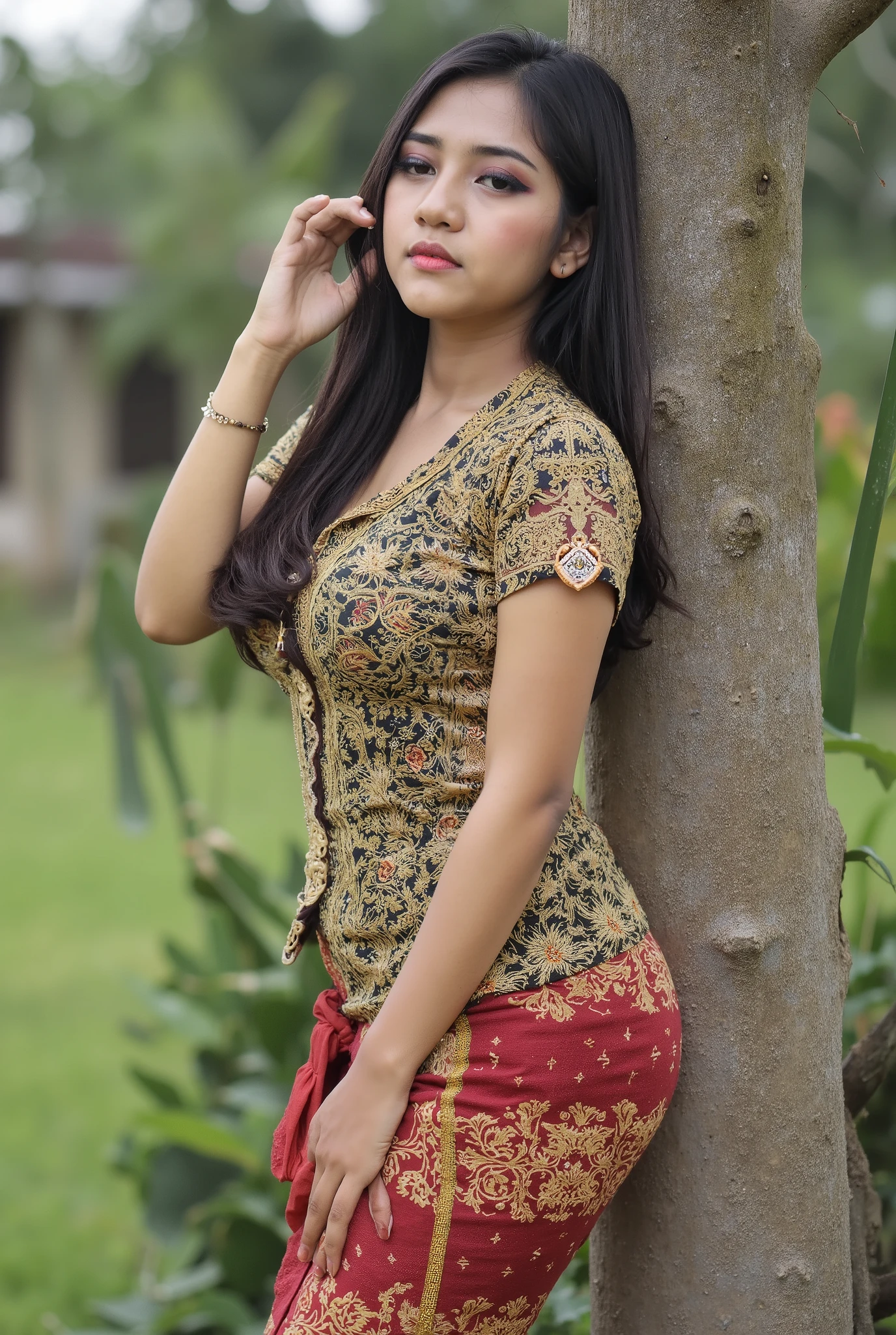 Indonesian girl feeling horny, body photo, brown skin, tanned skin, sexy kebaya, long skirt, huge breast, busty body, ((Madura batik: 1.4)) (big breast : 1.8), ((naughty pose)), very long black hair, ((tight dress)), sexy body