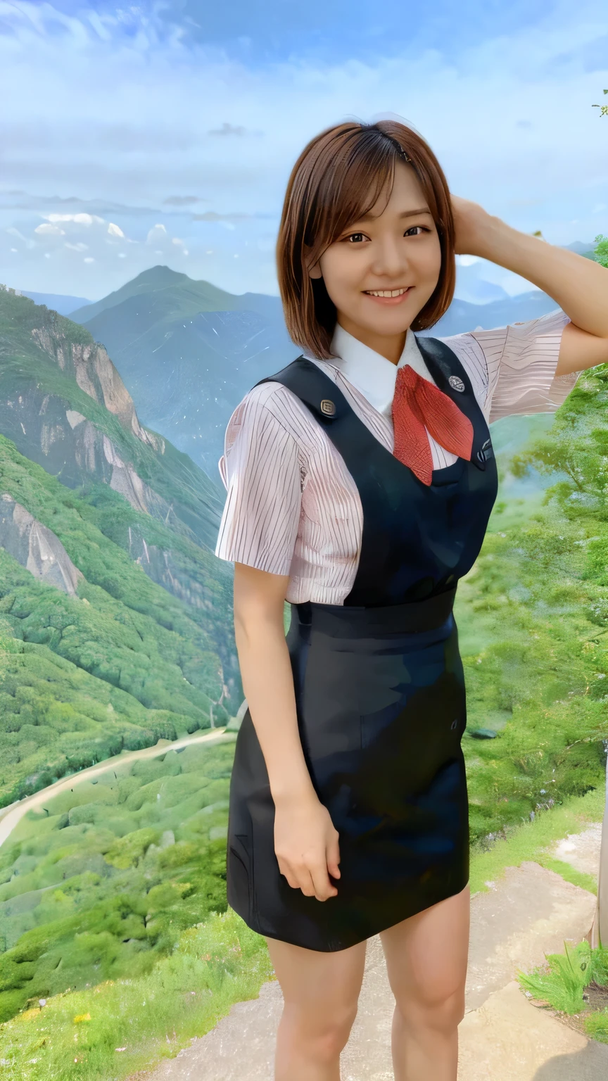  top quality、8k、Masterpiece、 Ultra High Resolution、Clear Photo、 Professional Lights 、 natural light、 is present、 perfect anatomy、 one woman、:1.8、 beautiful hair、 short bob hair、smile、((Star Uniform:1.2))、( Black Vest :1.3、 short sleeve shirt、 red ribbon、 pencil skirt  )、(Shiny pantyhose)、 sneakers、Mountainous Regions、Hiking trails、Rock surface、cliff、 stand and pose、 full body shot