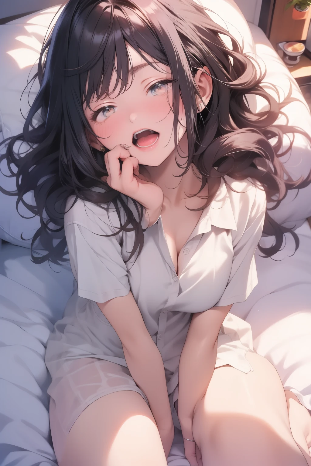 for profit, utaha kasumigaoka, black hair,  long hair, smile,windows，romantic starry sky，sleeping with both eyes closed,A meteor crosses,T-shirt,black string underwear,sleeping in bed,night,moonlight,sleep with your head on the pillow,Sleeping lying on your back in bed,dark room, barefoot　　　　　　　　　　　　　　　　　　
break indoors,Bedroom,
break (masterpiece:1.2), highest quality, High resolution, unity 8k wallpaper, (figure:0.8), highly detailed face, perfect lighting, Very detailed CG, (perfect hands, perfect anatomy),