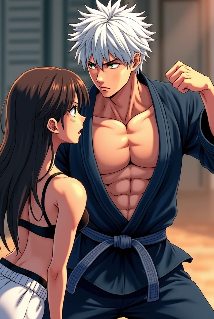 a crew cut man with hakama and a girl with black bikini are fighting in aikido