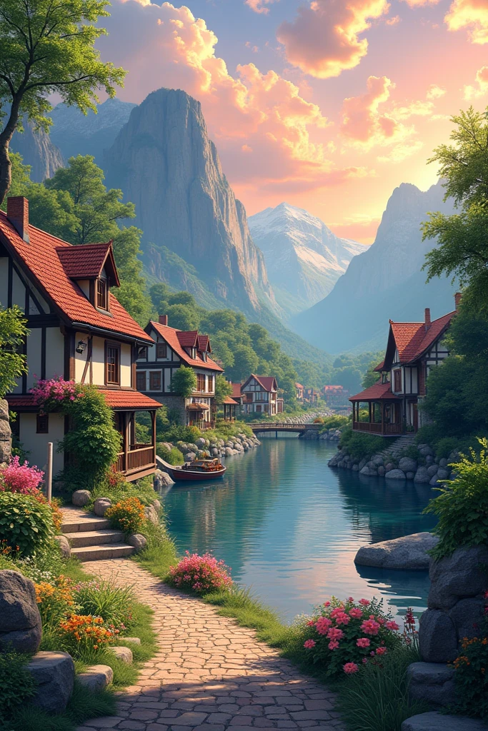 in a small riverside village，Mountains in the background，Flowers in ...