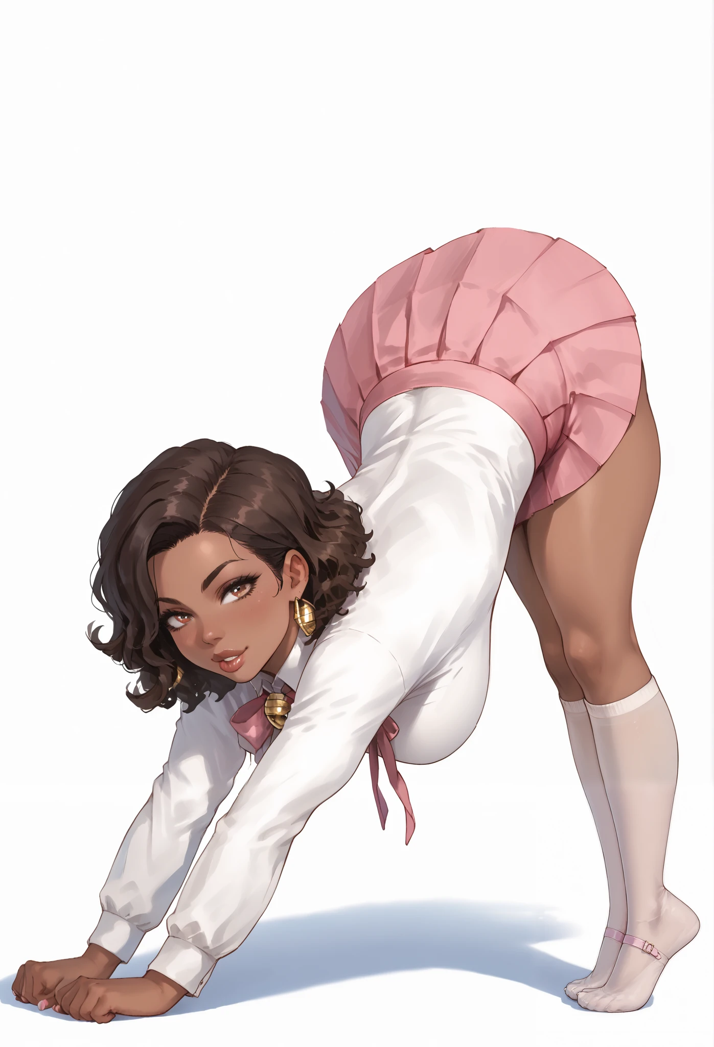 Almond-eyed Dark Mocha-skin tonned African-American woman with Short dark curly hair, juicy lips, a large chest, thick thighs, Perfect hands, and perfect feet . She is biting her bottom lip seductively glancing at viewer. She is wearing pink plated skirt and white top. cat stretch, arched back, stretch, pose, stretching, front view