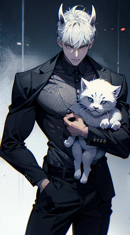 Shirtless man、muscular, 30 years old, Transparent background, wearing black leggings, holding a white cat with a blue collar