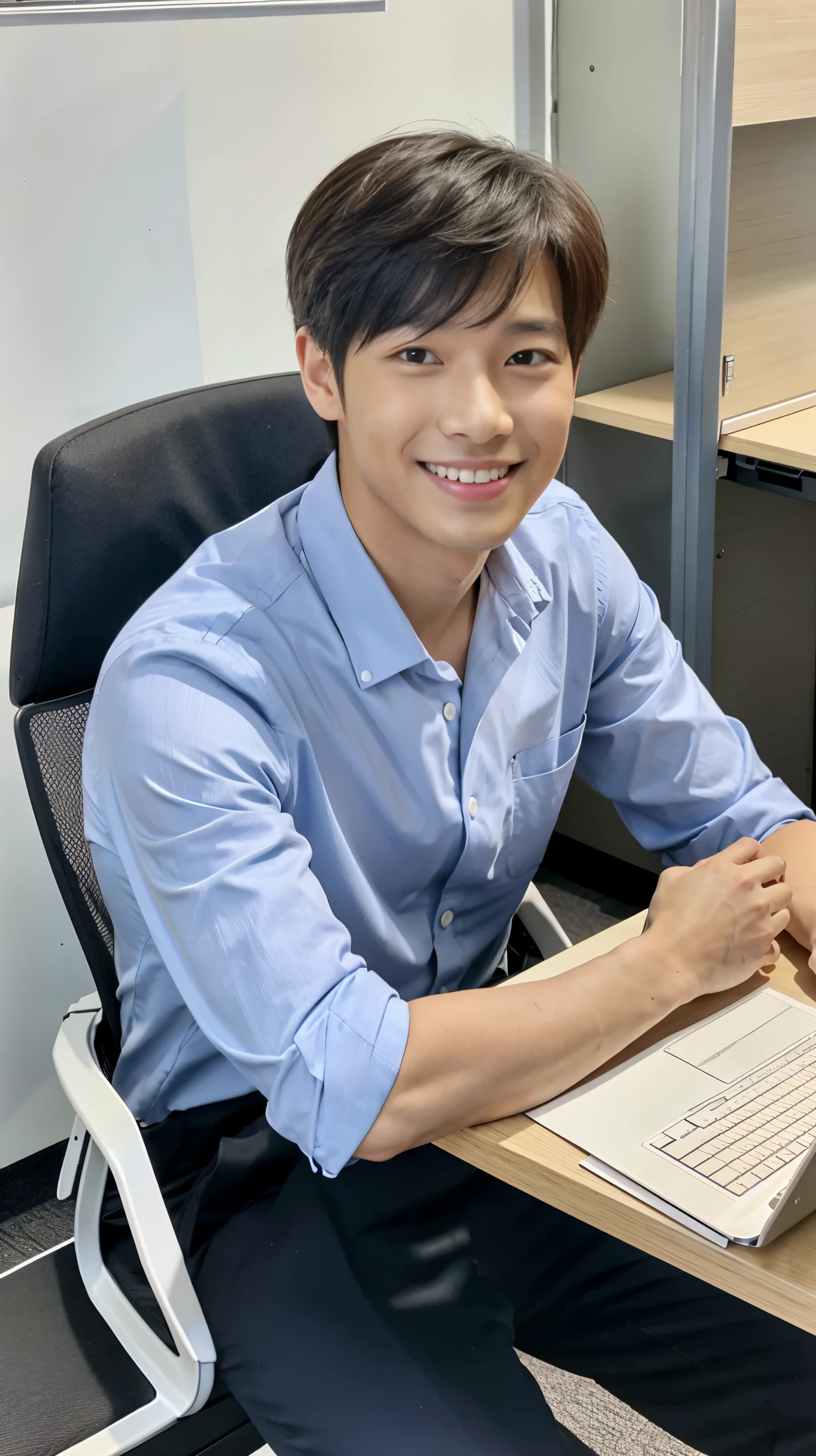 หนุ่มเกาหลีหล่อที่สุดในปี 2024, แบบอย่าง, น่าสนใจ, seductive , อายุ 22 ปี ,8K quality , สุนัขฮัสกี้, ก้นใหญ่, ผมสั้น ,A handsome young man is sitting on an office chair. In front of him is a desk, and the background is a company office. He is looking straight ahead and smiling at the viewer, with his hands resting on the desk.