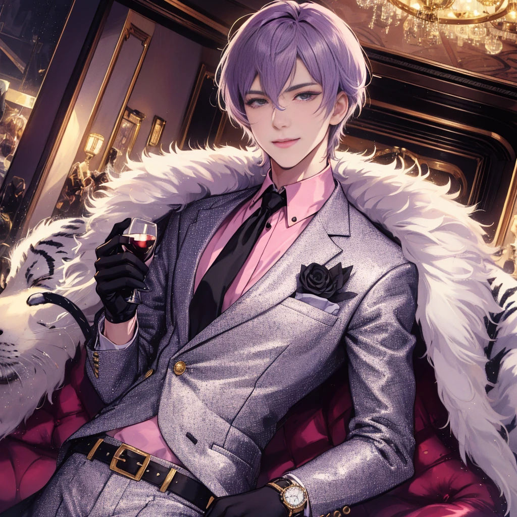 smiling boy with purple hair wearing a black overcoat holding a glass of wine. Realistic, high quality --auto --s2