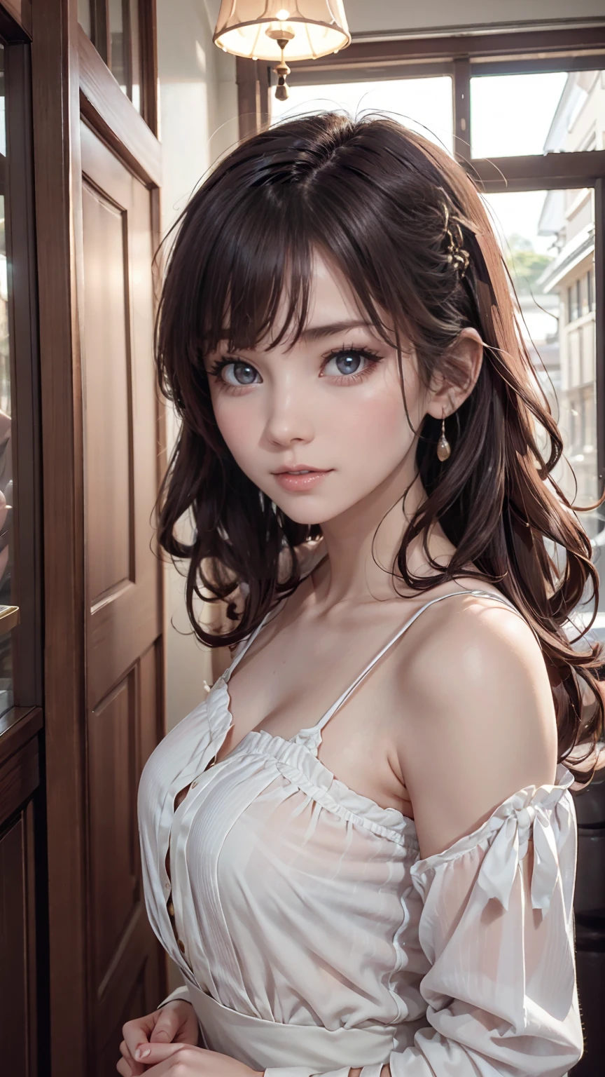 ((Highest quality)), ((masterpiece)), (detailed), ((Highest quality))、RAW、4K、High resolution、Perfect Face, Japanese、36 years old、female、Long Hair、Brown Hair、Earrings、necklace、Large Breasts、Cleavage、Perfect Anatomy、Anatomically correct body、nsfw、White collared shirt、