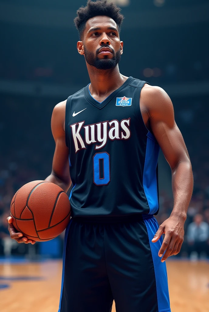 Jersey team name kuyas colored white purple text and black purple lining paired with basketball shorts number 23