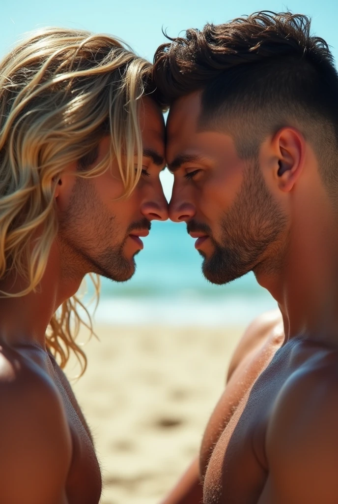 25-year-old young man ,Two shirtless, muscular guys , bare, Has white hair and blue eyes. , bareกาย องคชาตใหญ่, hug and kiss, Wet