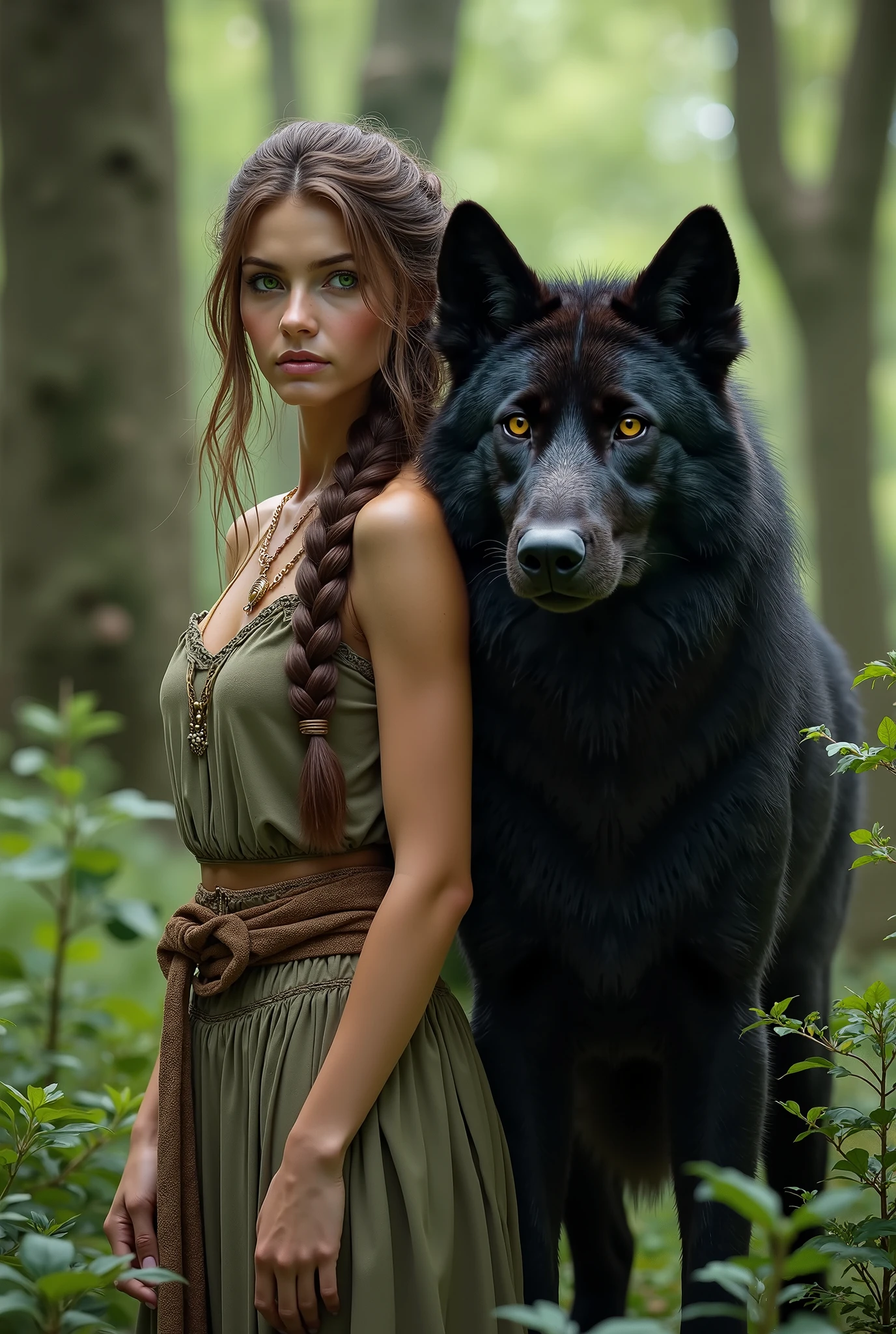 Woman with braided hair standing next to a black wolf in a forest ...