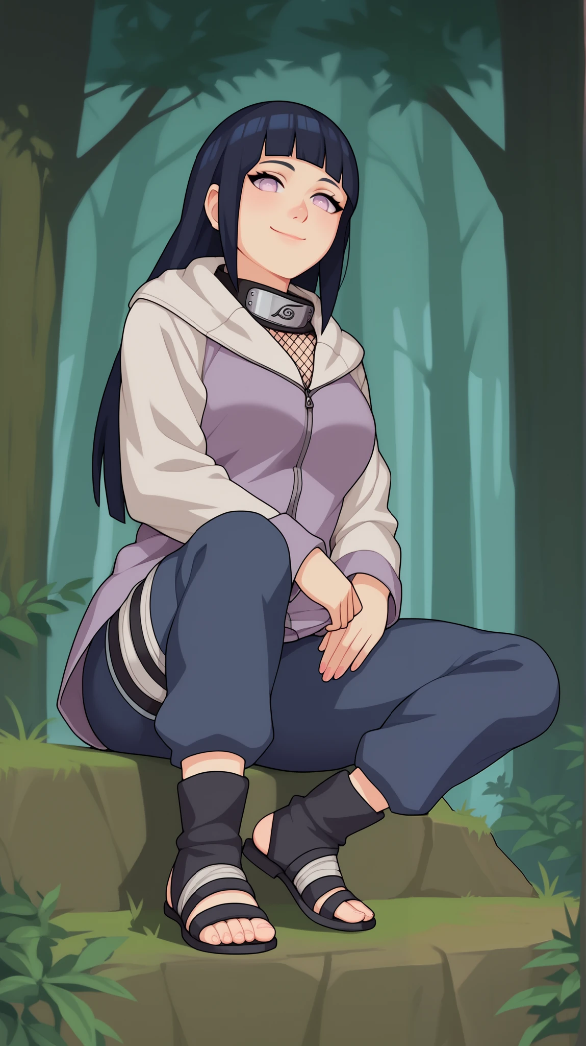 The image shows an anime-style female character with long, straight dark blue or black hair, with straight bangs framing her face. His eyes are characteristic of the Byakugan, with a light tone and no visible pupils. She wears a long-sleeved hooded sweatshirt in shades of lavender and beige, open at the neck to reveal black mesh underneath. His outfit also includes dark blue pants and a belt with a ninja sash that has the leaf village symbol on it. His feet are covered in black ninja sandals with gray bandages on top. She is in a relaxed pose, sitting on a rock in a forest with tall trees and green foliage in the background, with a serene expression and a slight smile.