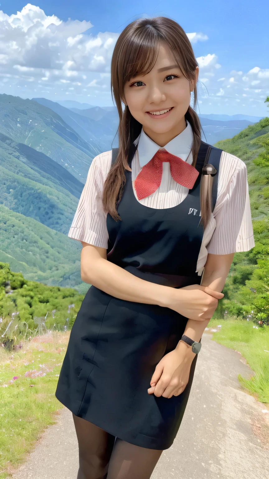  top quality、8k、Masterpiece、 Ultra High Resolution、Clear Photo、 Professional Lights 、 natural light、 is present、 perfect anatomy、 one woman、:1.8、 beautiful hair、smile、((Star Uniform:1.2))、( Black Vest 、 short sleeve shirt、 red ribbon、 Black Pencil Skirt)、((black shiny pantyhose))、 sneakers、Mountainous Regions、Hiking trails、Rock surface、cliff、 stand and pose、 full body shot