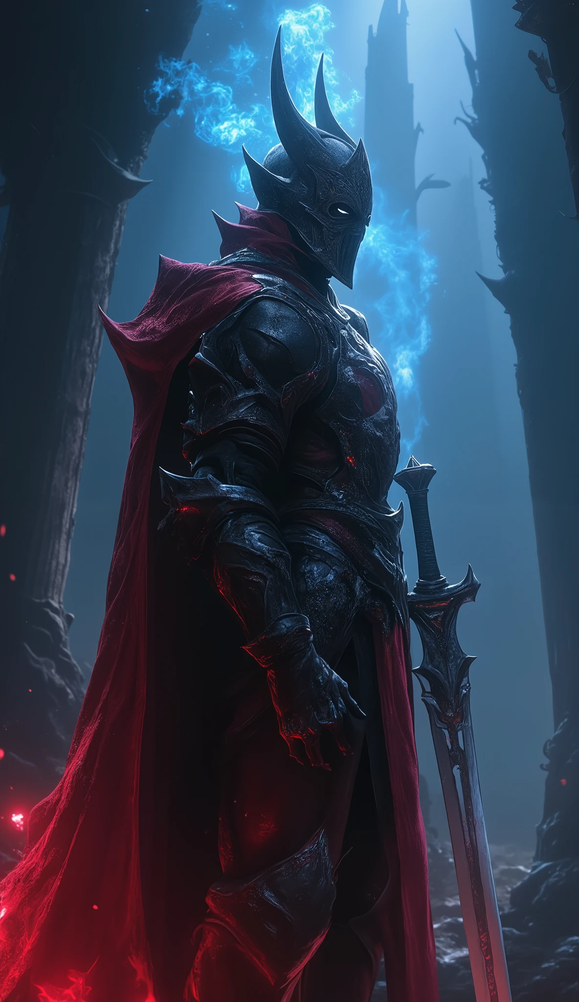 UHD, Realistic Action RPG , game package design ,( dark soul style :2.0), from the software game ,( Dark Souls Art :2.0), the knight is holding a sword in his left hand , the knight is clasping his right hand, the background is the abyss and light that can shine through , from side,(knight's close-up from the side:2.0),Abyss mix wolf Helmet, stylish horns, Abyss Armor ,The Great Sword of the Abyss ,( Dark Fantasy),( Blue and Red Miasma :2.0)