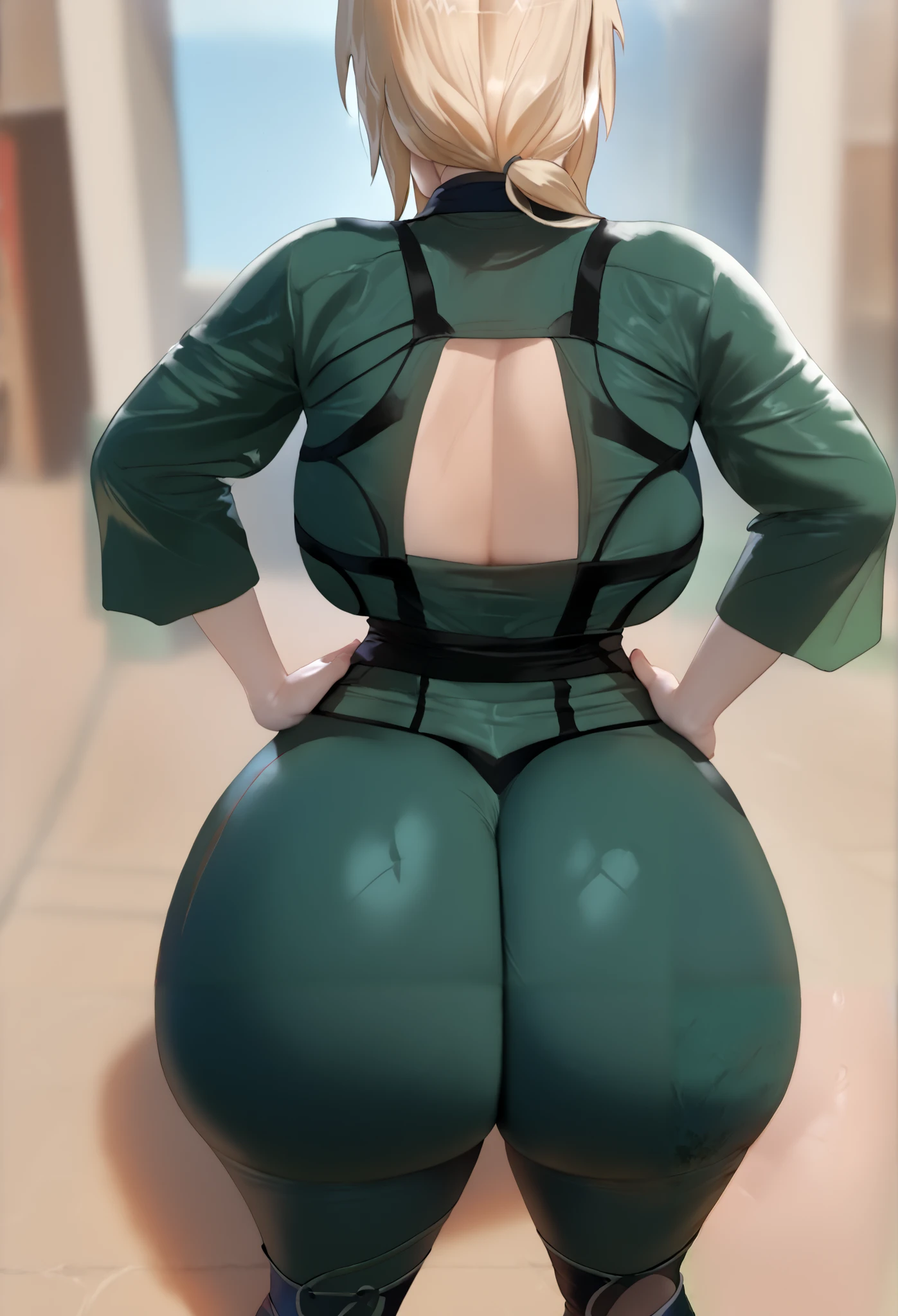score_9, score_8_up, score_7_up, highres, BREAK, best quality, source_pony, expressiveh, highly detailed, (voluptuous girl), (ultra HD quality details), Very detailed, 1 girl, full body, (full outfit), (full clothed), nsfw, Big and sexy ass, Big ass, 3D, 3D style, (full outfit covering the whole body), full outfit covering all butt, blurry background, outfit covering the whole ass, clothes covering the butt, 1girl, blurry background, standing, standing pose, standing view from behind, view from behind girl, back girl view, ass view, standing girl, solo, (legs apart), above view, above behind view, hand on hips, tilting hip to side, hands on hips, Tsunade senju, TsunadeSDXL, full clothed, (wearing all tsunade senju original clothes of Naruto anime)