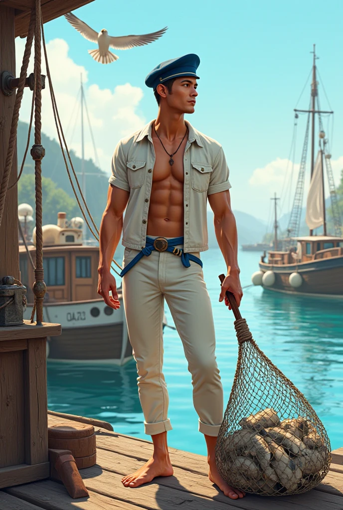 masterpiece, best quality, high resolution, closeup portrait, male focus, solo focus, a man, with sailor clothes, bare chest, sailor hat, in the background a boat, amazing composition, front view, HDR, volumetric lighting, ultra quality, elegant, highly detailed, full body shot,