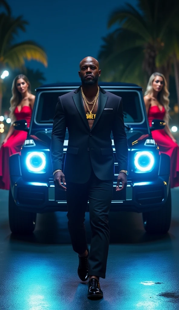 A dark-skinned gangster on the beach with weapons and jewelry, driving a luxury Mercedes Benz Maybach model.