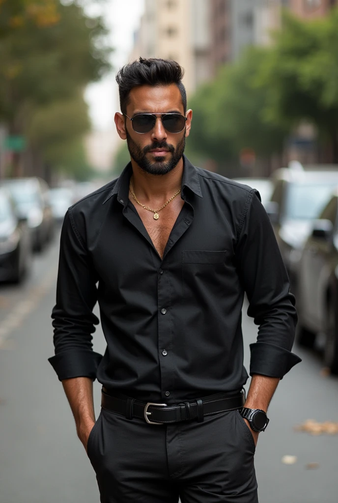 General parameters for all images :
context: A cool man with different clothing styles depending on the occasion .
Physical Description :
height: 1. 75 m
Complexion : endomorph, husky, weight approx. . 90 kg
Piel : Morena
Hair : , black
Facial hair : Only beard on the chin , without a mustache
Expression : Serious but with attitude , conveying respect and style
Environment : Different depending on the style , but always with an air of neighborhood , security and presence .
. Cholo Elegant Style ( For the pull of a driver and respect on the street )
Clothes:
long sleeve fitted shirt, with open buttons on the chest
Black or khaki dress pants , ironed
Oxford shoes or black loafers
Large steel watch
Aviator sunglasses
Scenario: Along with a Toyota Sienna or a BMW X5 , with an attitude of control and authority .