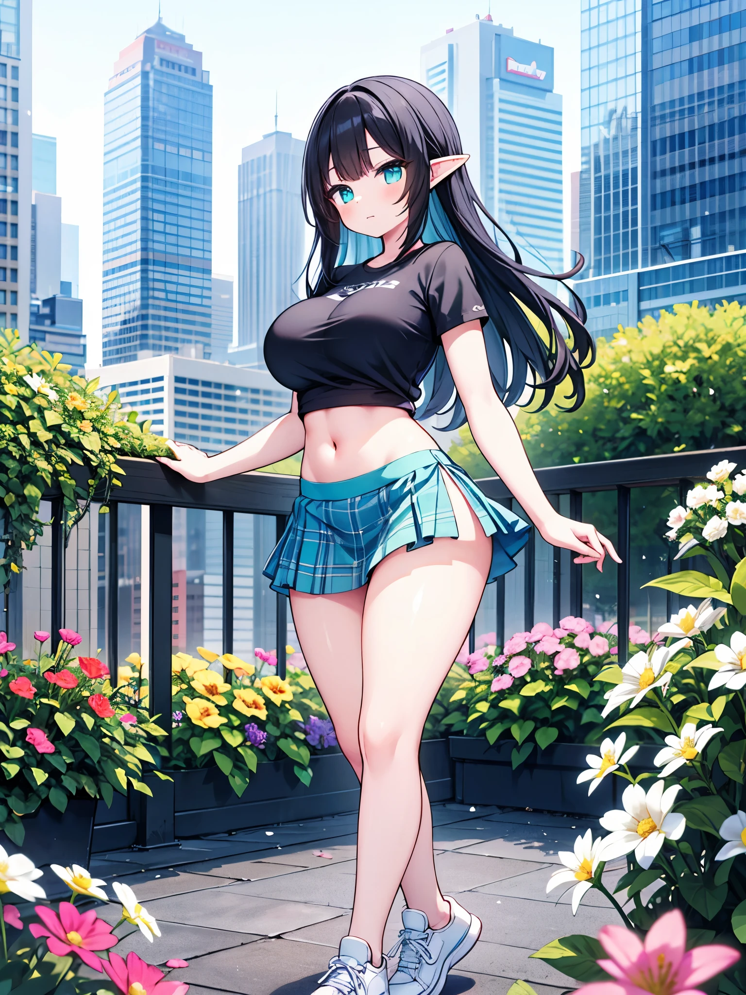 detailed image, beautiful image, 1 elf, black hair, long hair, turquoise eyes, has large breasts, short waist, wide hips, thick thighs, big ass, wearing a t-shirt top, mini skirt with plaid pleats, long stockings, casual sneakers, cityscape, sunny day, around many flowers, ambient light, artificial light,