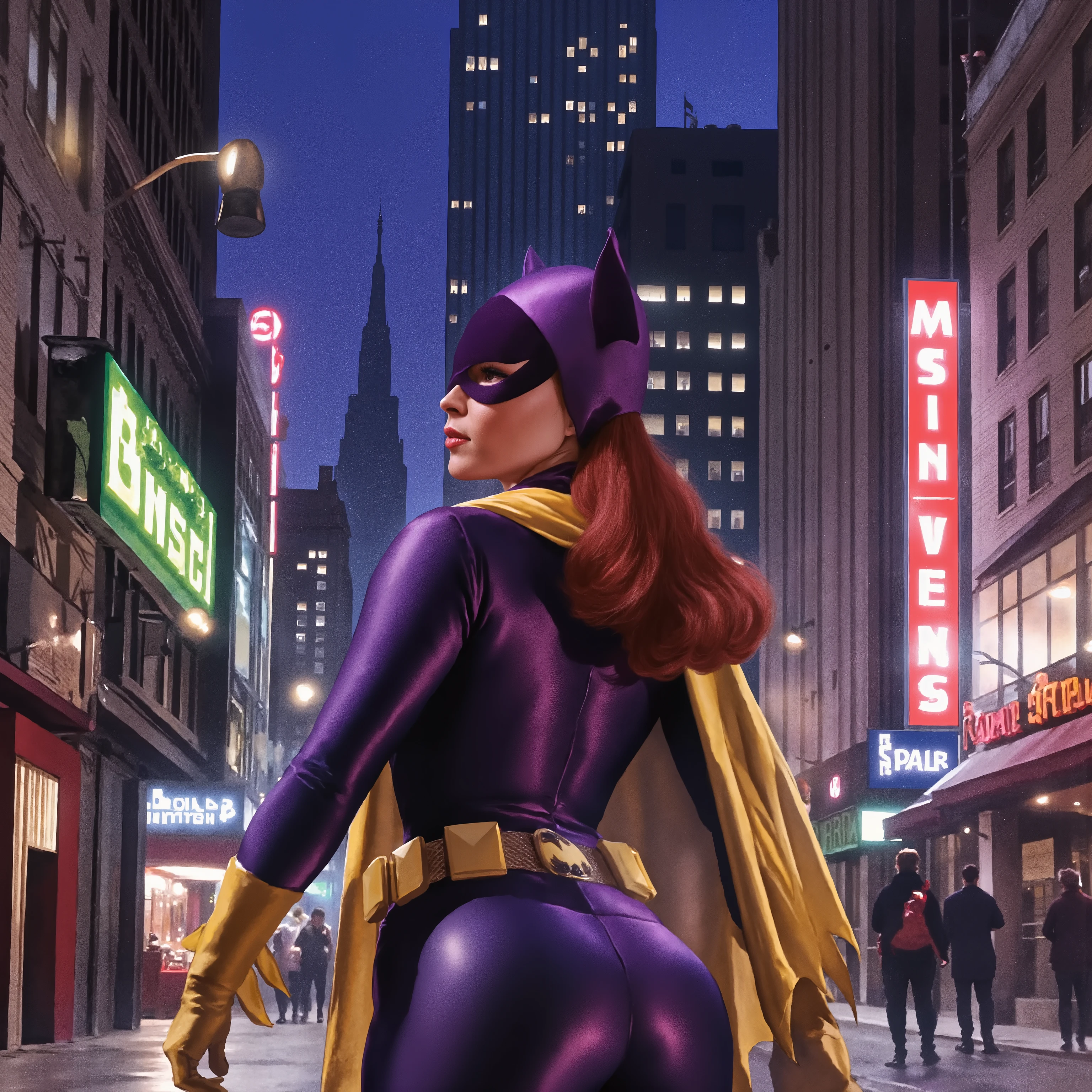 (masterpiece, best quality:1.2), 1girl, solo b4tg1rl woman, AlexRossstyle, full body shot, dressed as Batgirl, dynamic sexy pose, Perfect hand, in metropolis street , back angle, 1970 mood.