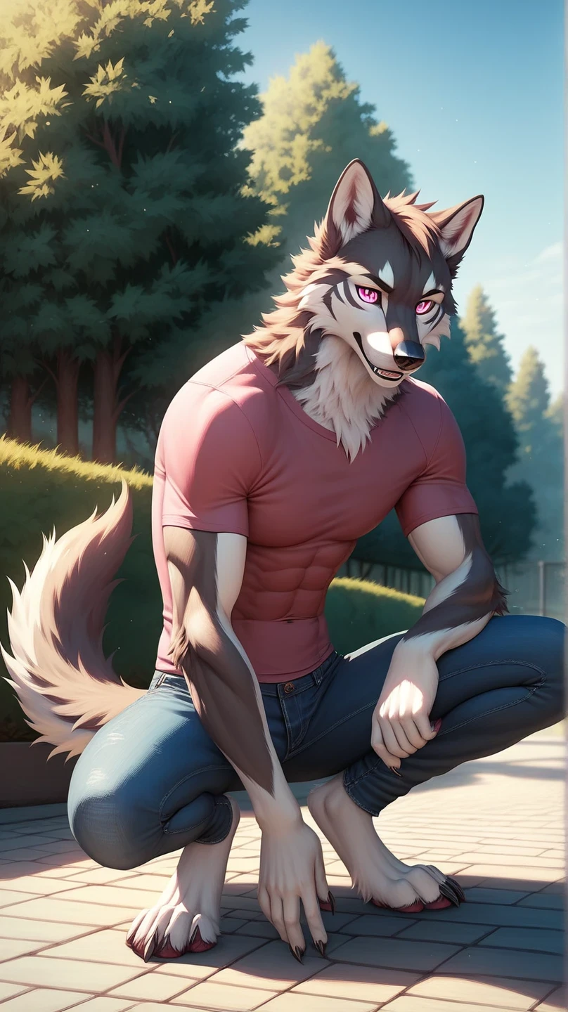 Male gray wolf den , wolf tail, Alone, arrogant expression, masterpiece, The best art, full body, by the violinist taran, detailed eyes, detailed body, claws, high, top-less, Pecs, abs, crouching posture, jeans and pink t-shirt, Sunny background in a park, , cielo azul