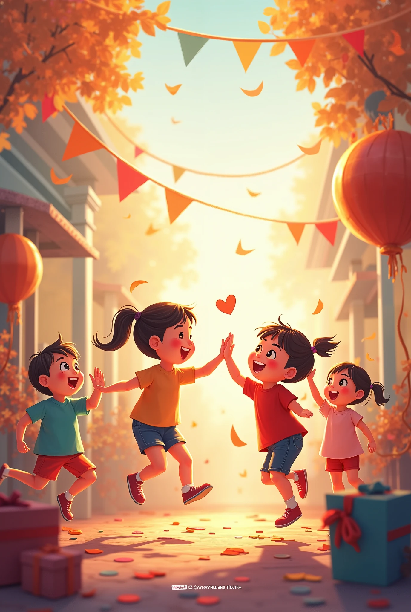 Children holding mid-autumn lanterns running around playing