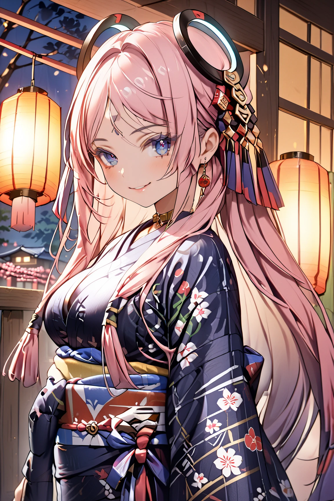 (absurdres, highres, ultra detailed), close-up of face, emphasis on face, focus on face, one woman, mature woman, aged, long straight hair, shiny beautiful hair, blue eyes, bangs, long sleeves, finely drawn eyes and detailed face, eye highlights, hands without breaks, rich lighting, pale pink lips, highly detailed CG unified 8K wallpaper, intricate details, portrait, gazing, solo, half shot, finely drawn face, soft smile, dynamic pose, classical period, (Ancient Japanese Subject: 1.1), Japanese mythology, fox ears, Japanese Ruler, Blue Kimono, Floral Kimono, Ancient Themes, (Prosperous Civilization: 1.1), Moon in background, (Immaculate: 1.1) Shrine, Torii, Japanese landscape, Ancient city in background, Fox mask, Fantastic, Dreamy, Romantic, Light dancing, Lantern, Austere, Night, Darkness, Stars, Portrait, Cinematic lighting, Flower hair ornament, Dating, cherry blossom.