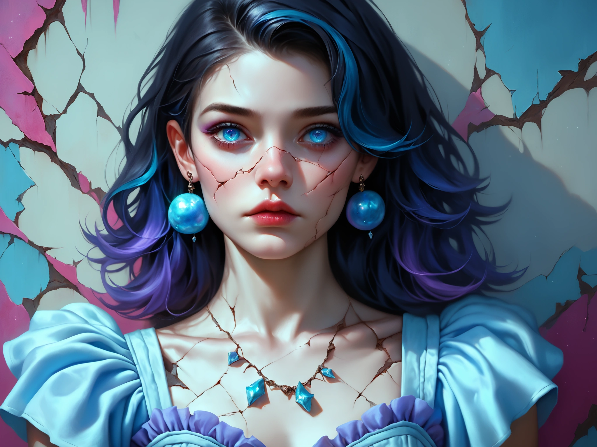 this is a painting of a woman with broken face that is painted badly cracked, solo, cracked skin, crack, vibrant lilac eyes, realistic, looking at viewer, dark hair, white, pale skin, delicate sad lonely look, like a cracked porcelain doll