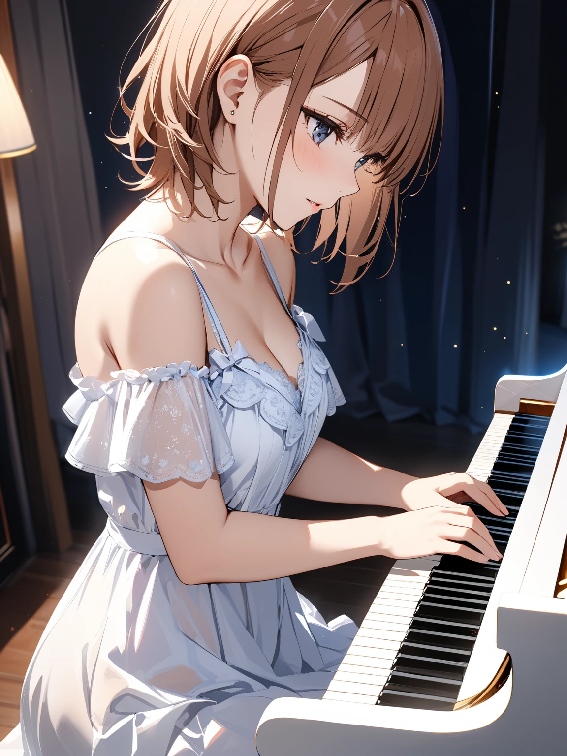 1girl, solo, breasts, looking at viewer, blush, smile, bangs, black hair, dress, bow, bare shoulders, jewelry, sitting, ponytail, hair bow, indoors, necklace, white dress, grey eyes, cross, plant, instrument, music, cross necklace, piano, grand piano, ((32k)), ((best quality)), ((ultra high res)), ((HDR)), ((UHD)), ((extremely detailed CG)), ((unity 32k wallpaper)),