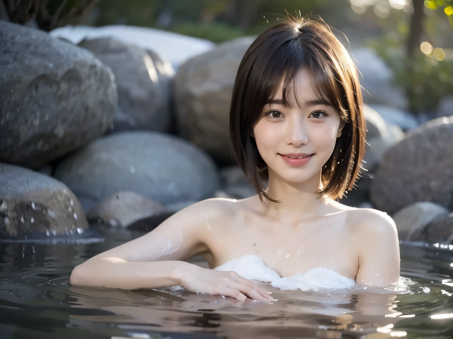 1 girl, solo, long hair, hair parted to the middle,Hair tucked behind ear,Hot Spring Town,Kusatsu,Yubatake , bathing in hot springs、The bath towel is wrapped、 happy/joy, Light blush, Hair ties, high resolution, look, top quality, anatomically correct,