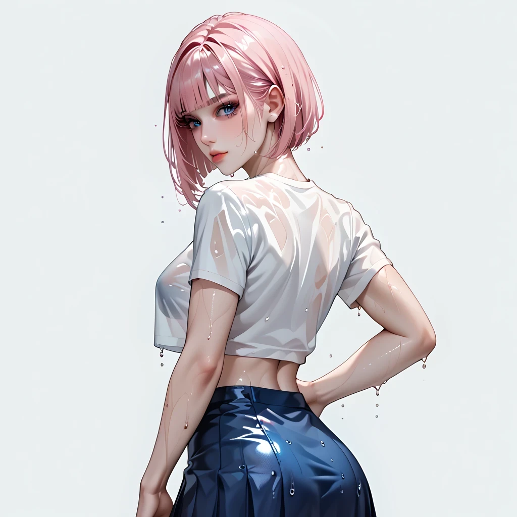  dark pink hair 、  top quality、  Masterpiece、(    professional lighting  )、   surreal、   attractive、 figure like a slender supermodel、   one girl , (   lean forward to the camera and show off your butt ), ( slightly larger breasts ,  Underbob ), (  flat at honny ,   White skin without wrinkles or irregularities   ), (Bright, beautiful blue eyes  ,  casual wolf cut  , ( Super Mini Tight Skirt、 Cropped t-shirt )、    show off a pose exposed from directly behind your butt  ), (   beautiful face ), wet