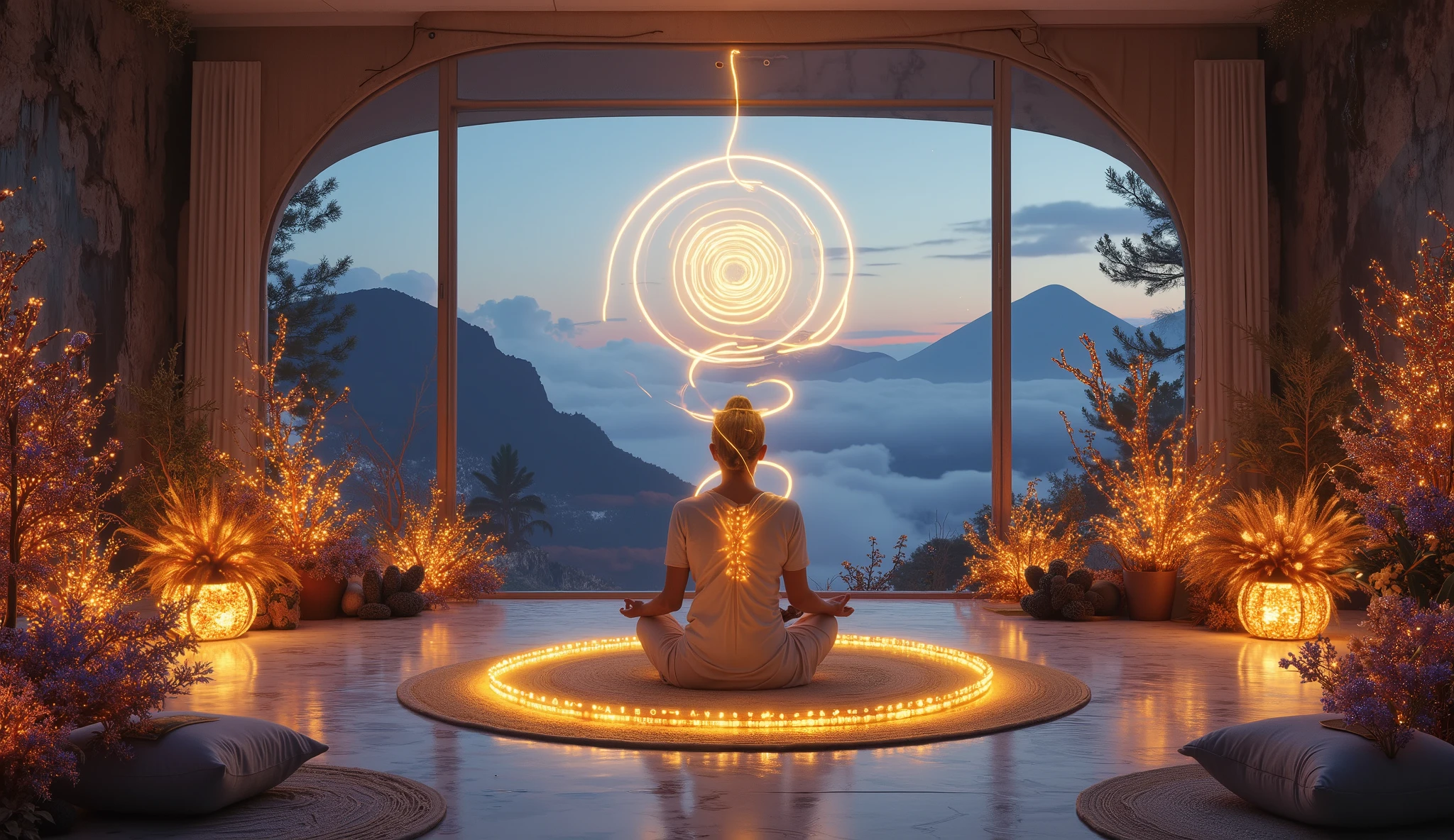 "A serene meditation chamber surrounded by bioluminescent plants, glowing softly in the dim light, with large windows opening to an awe-inspiring view of mountains and clouds. In the center, a person sits in lotus pose, their body surrounded by golden threads of light that spiral upwards, representing their thoughts dissolving into peace. The external beauty mirrors the calmness within, the scene blending tranquility and reflection. Hyper-detailed 8K, cinematic glow, intricate botanical details, 16:9 widescreen format."