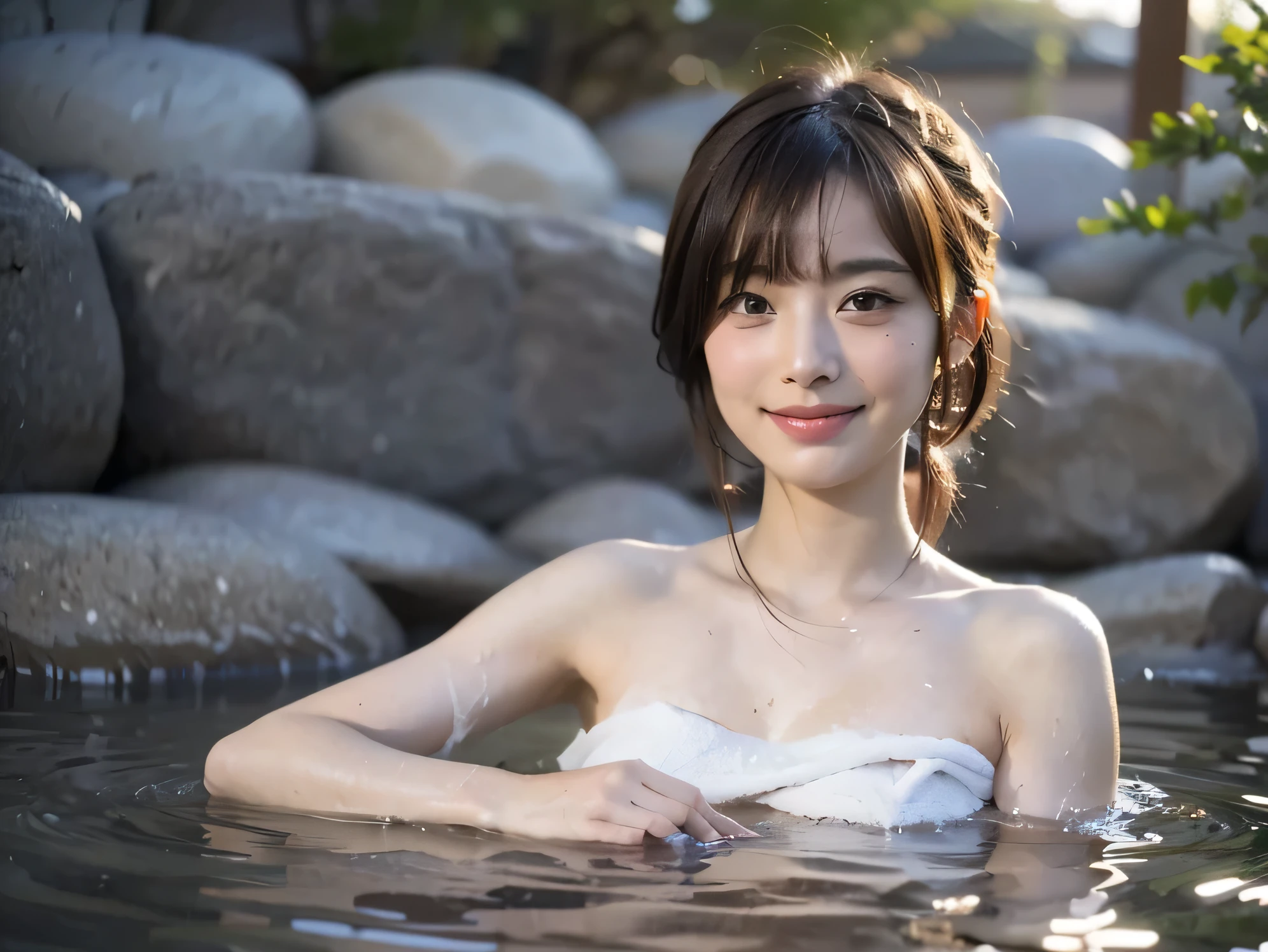 1 girl, solo, (( long hair)), hair parted to the middle,Hair tucked behind ear,Hot Spring Town,Kusatsu,Yubatake , bathing in hot springs、The bath towel is wrapped、 happy/joy, Light blush, Hair ties, high resolution, look, top quality, anatomically correct,