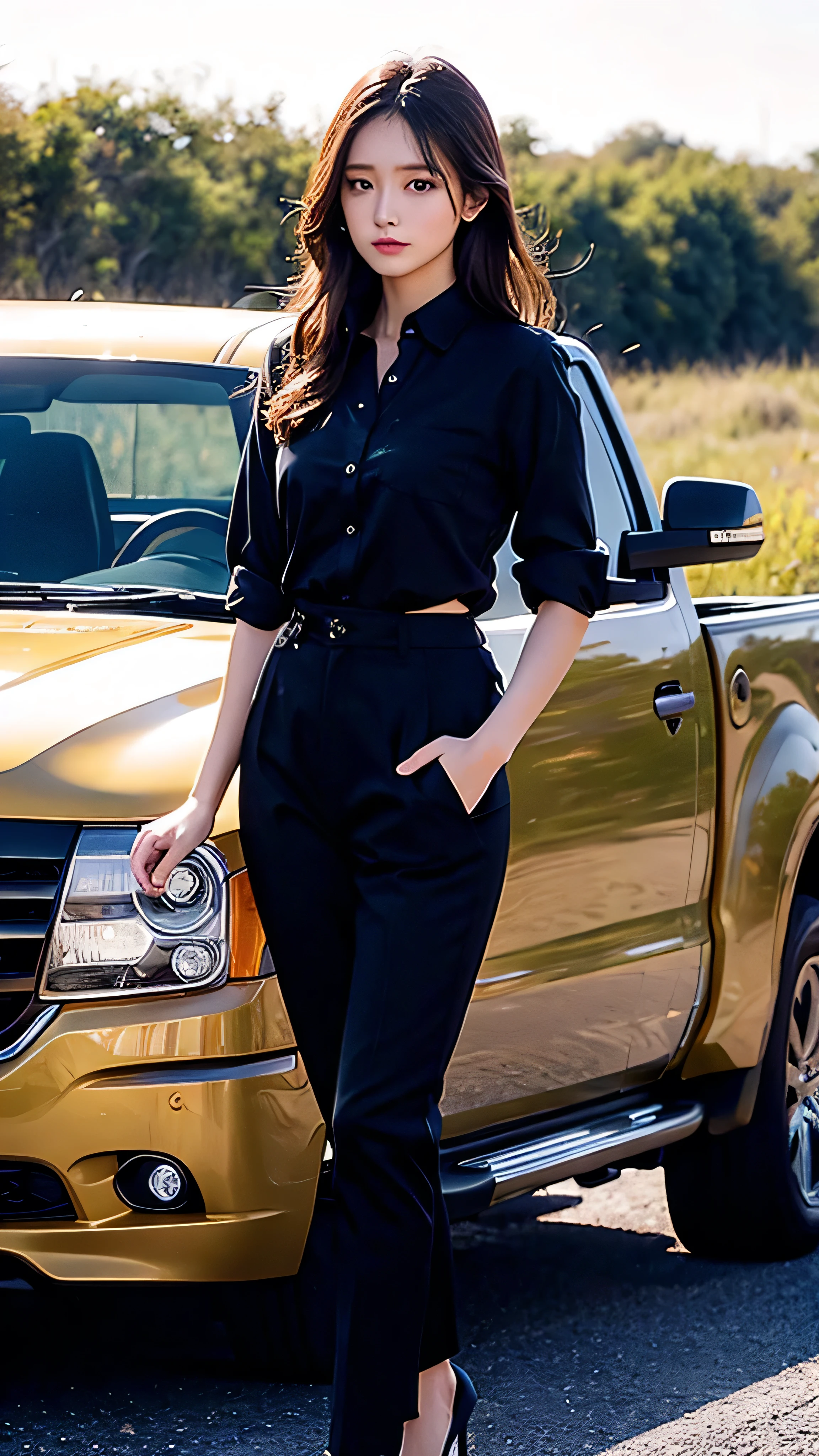 in high definition, gorgeous woman standing in a dark blue cotton shirt {x} outdoor wilderness , face details , black slim pants, Photo of, ( Golden Hour ), PERFECT EYE, perfect hand, Full body high definition image , Interrupted , Deep Shadow, 8k, DSLR , pickup truck with super detailed skin in the background 。