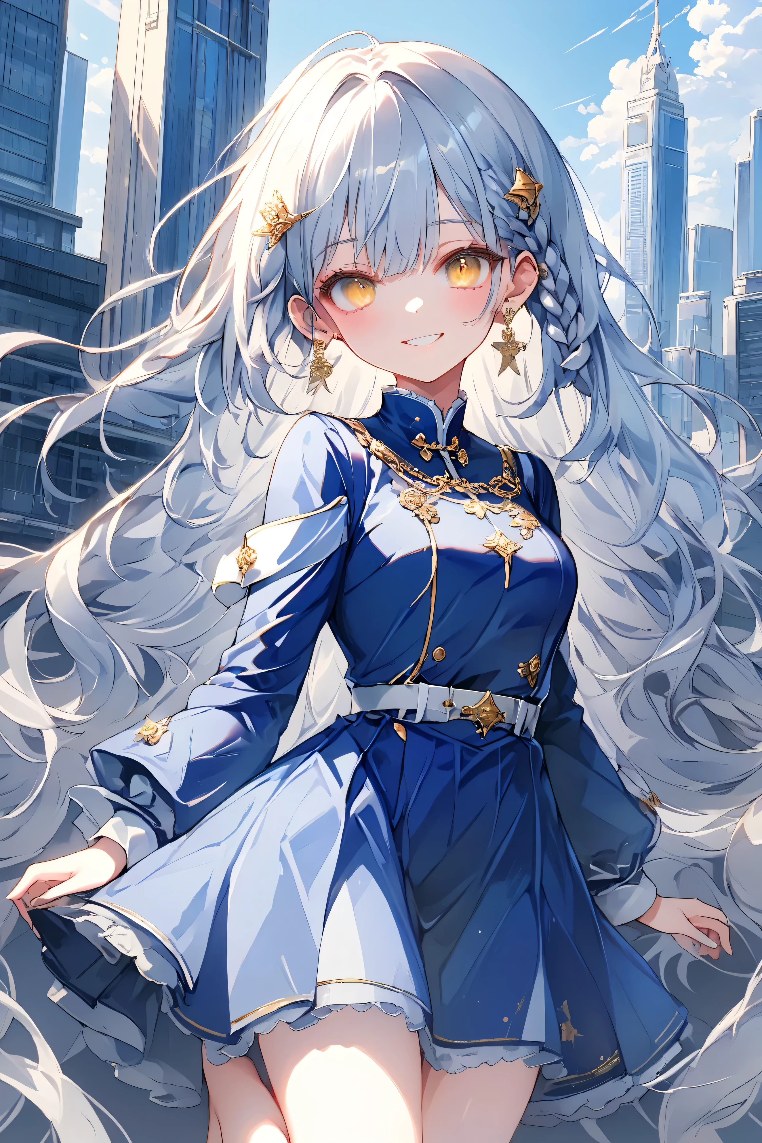 (High Resolution), (More Details), (8k), (High Resolution), illustration , Anime style , , Beautiful pale golden eyes, Top Quality, Beautiful silver hair , Light blue hair with tips, Earrings, long hair, braids, smile, full body, white and blue uniform, Luxury decoration, Age 19, beautiful feet, Outdoors, Western-style cityscape , standing, whole body