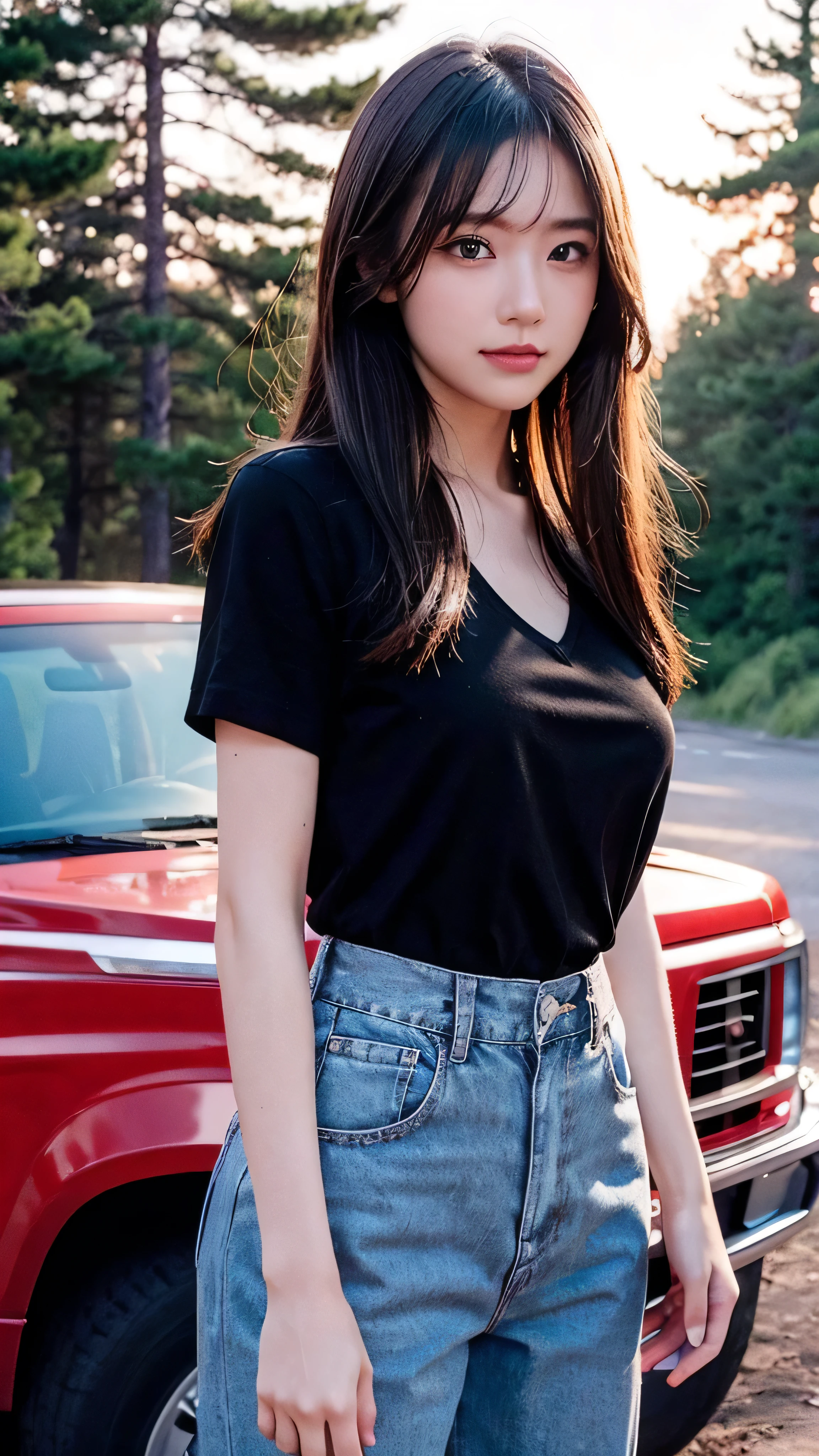 in high definition, gorgeous woman standing in a dark blue cotton shirt {x} outdoor wilderness ,Face Details A gorgeous woman wearing a cotton shirt , black slim pants, Photo of, ( Golden Hour ), PERFECT EYE, perfect hand, curvilinear, ultra-detailed skin with only hands, Interrupted , Deep Shadow, 8k, dslr , standing in the wilderness outdoors with a red pickup truck in the background 。