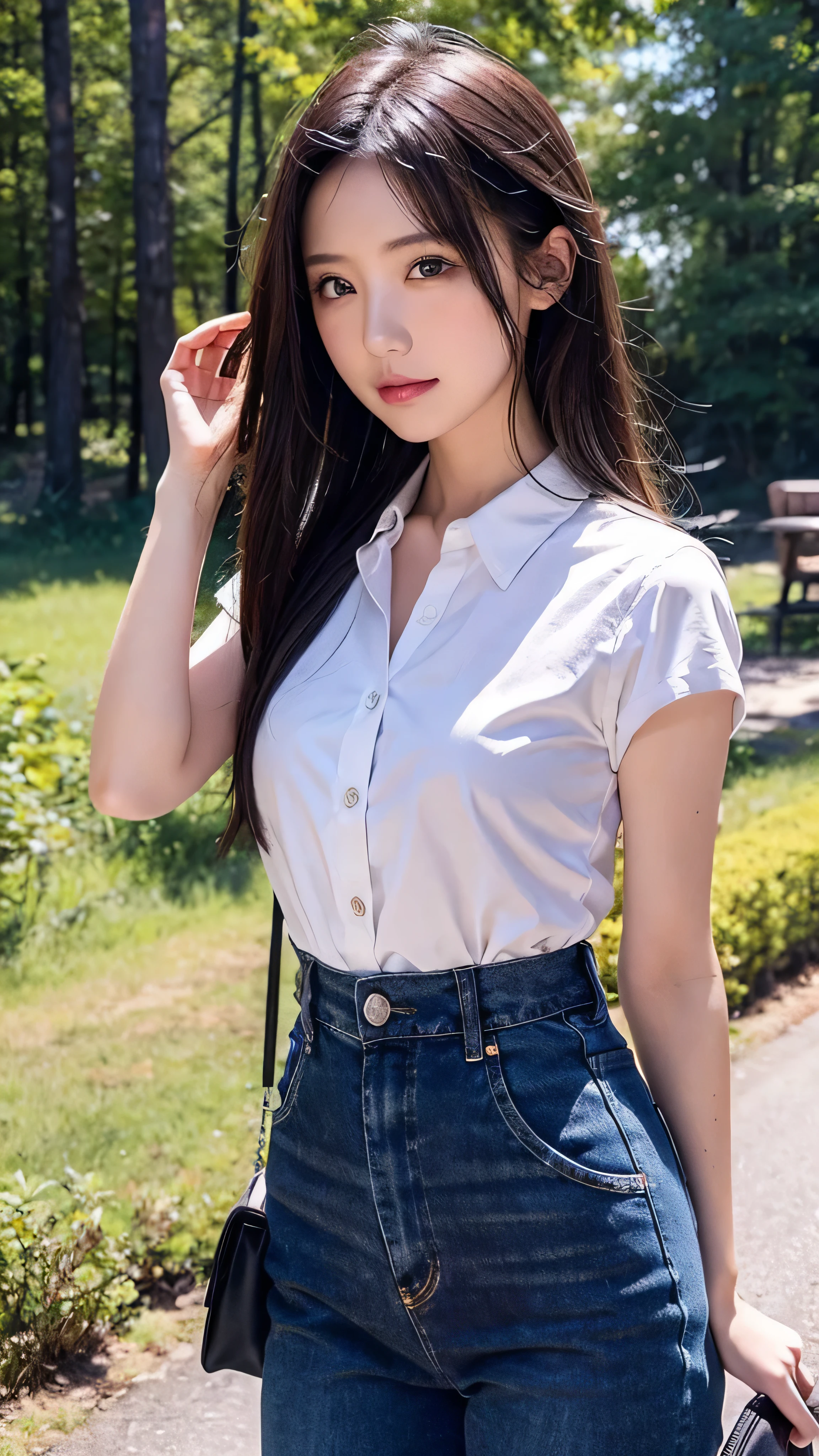  in high definition， gorgeous woman standing in a dark blue cotton shirt {x} outdoor wilderness ,Face Details A gorgeous woman wearing a cotton shirt ,  black slim pants, Photo of, ( Golden Hour ),  PERFECT EYE,  perfect hand, curvilinear,  ultra-detailed skin with only hands, Interrupted , Deep Shadow, 8k,  dslr , standing in the wilderness outdoors with a red pickup truck in the background 。