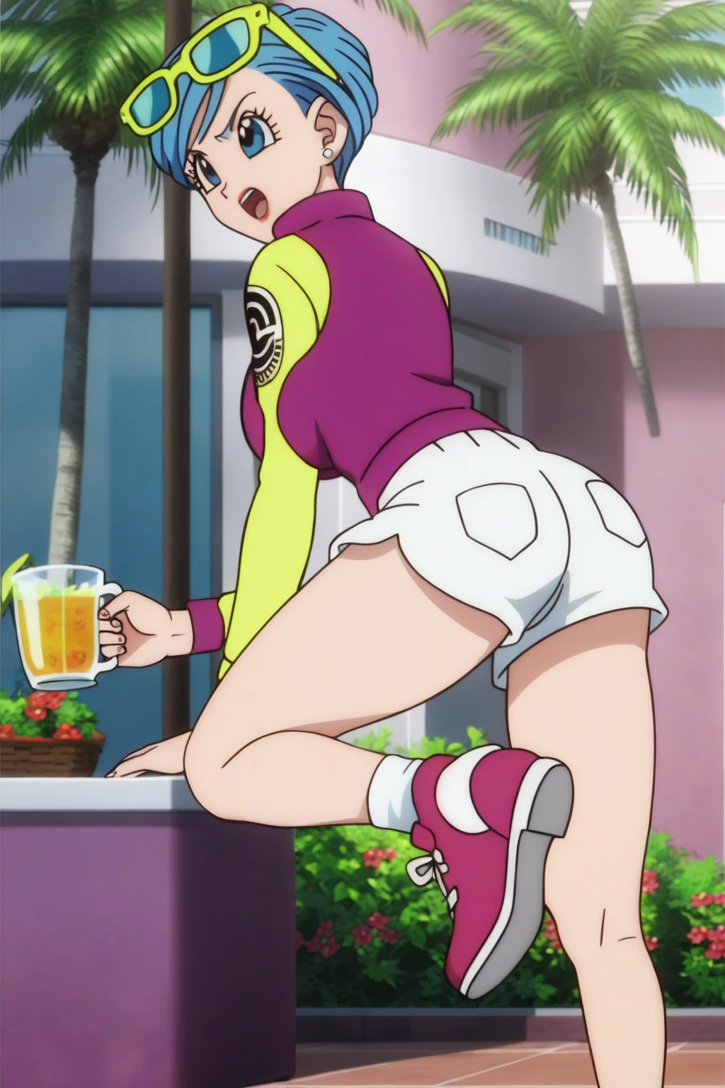 Bulma exibindo sua grande bunda usando Calcinha branca ,(back pose), (crouching position)