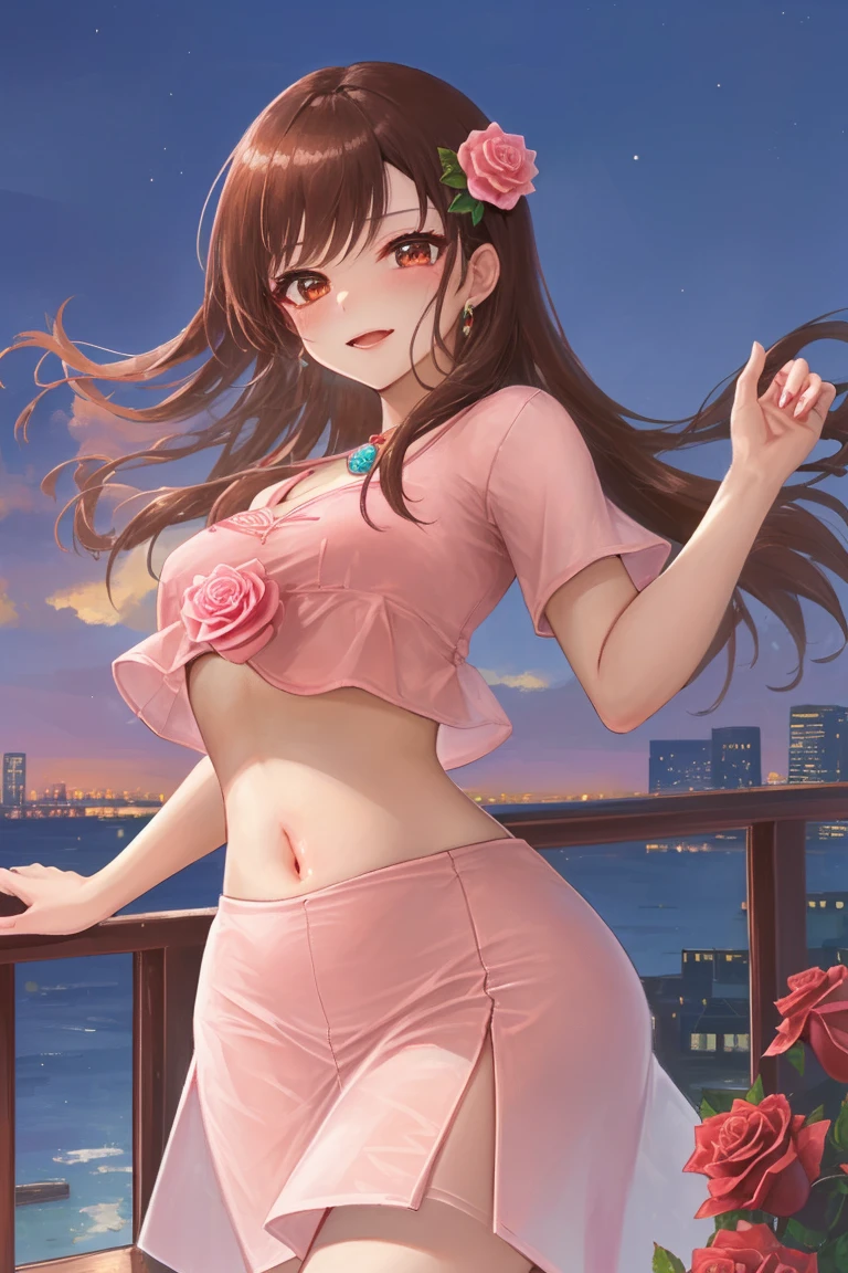 (Best quality, masterpiece: 1.3), 1 girl, rainy day, fog, alley, umbrella, looking at the audience, facing the photo, cyberpunk city, alone in an alley, neon lights in an alley, very reflective city, long hair, hair of size through an alley, bar, japan, Tokyo, garter belt on one leg, knee pads on the other, perfect hands, delicate, night, shorts, tank top, exposed chest, red clothes