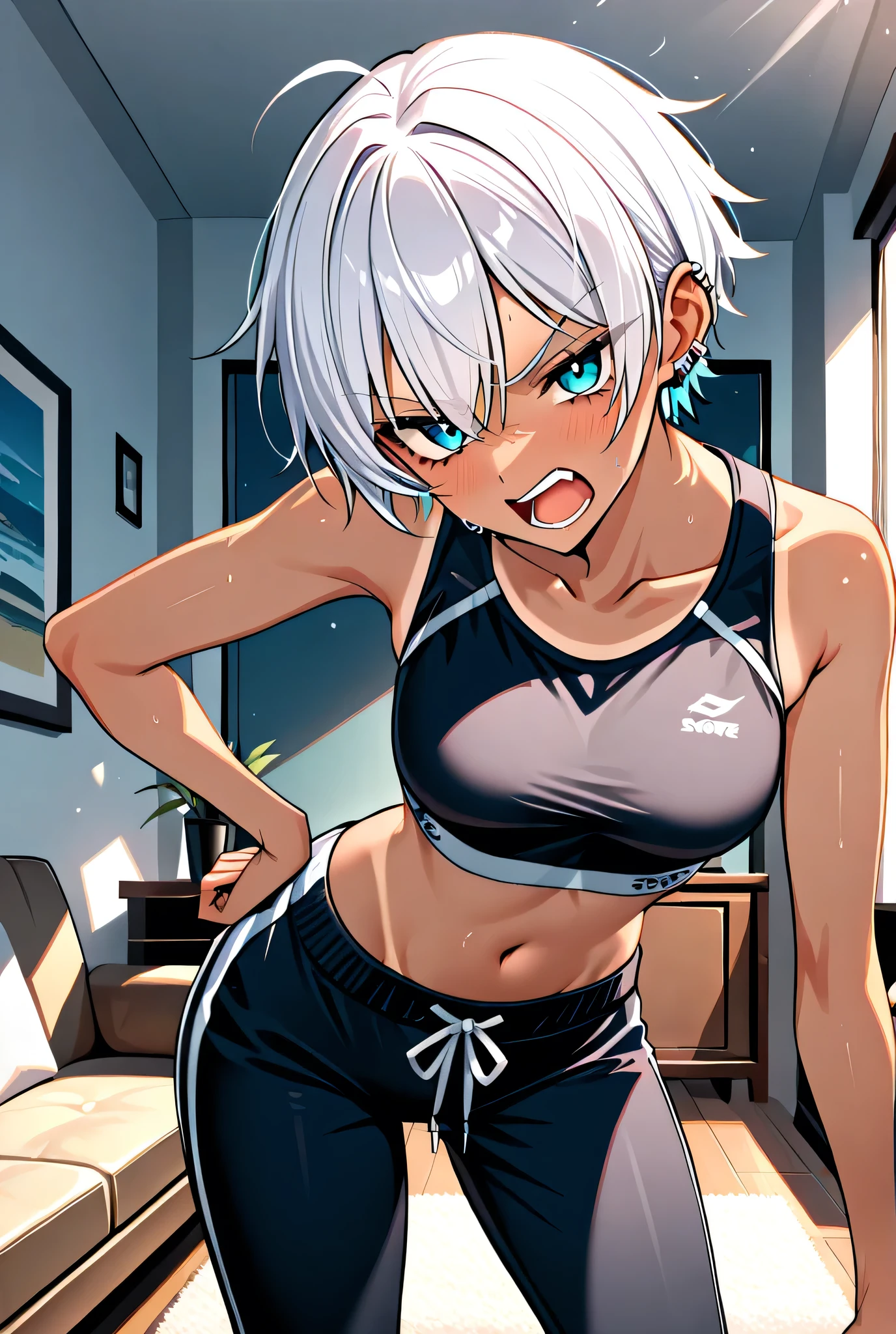 masterpiece, best quality, ultra-detailed, extremely detailed,illustration, 1girl, solo, aabea,dark skin,short hair,hair between eyes,bow hairband,black hairband, sports bra, yoga pants, sneakers, medium breasts, thick thighs, open mouth, looking at viewer, arm up, sweat, stretching, gym, indoors, sunlight, cowboy shot, <lora:bea_(pokemon):0.8>